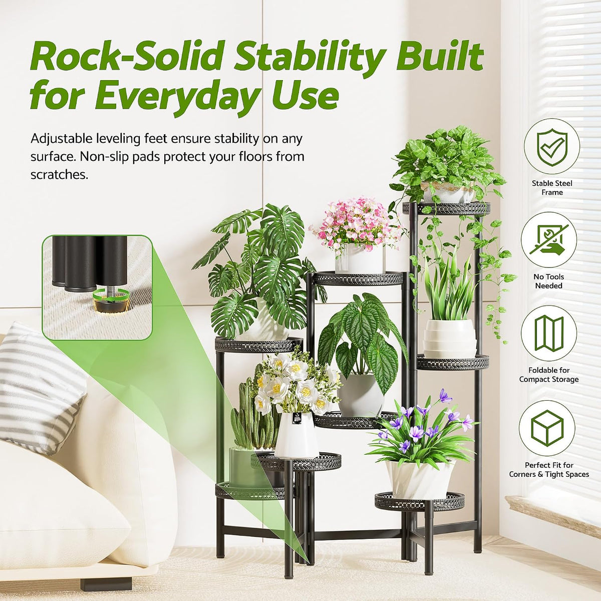 Black Stand Plants, 8-Tier Metal Plant Stands for Outdoor Indoor Plants,Heavy Duty Flower Pot Stands for Multiple