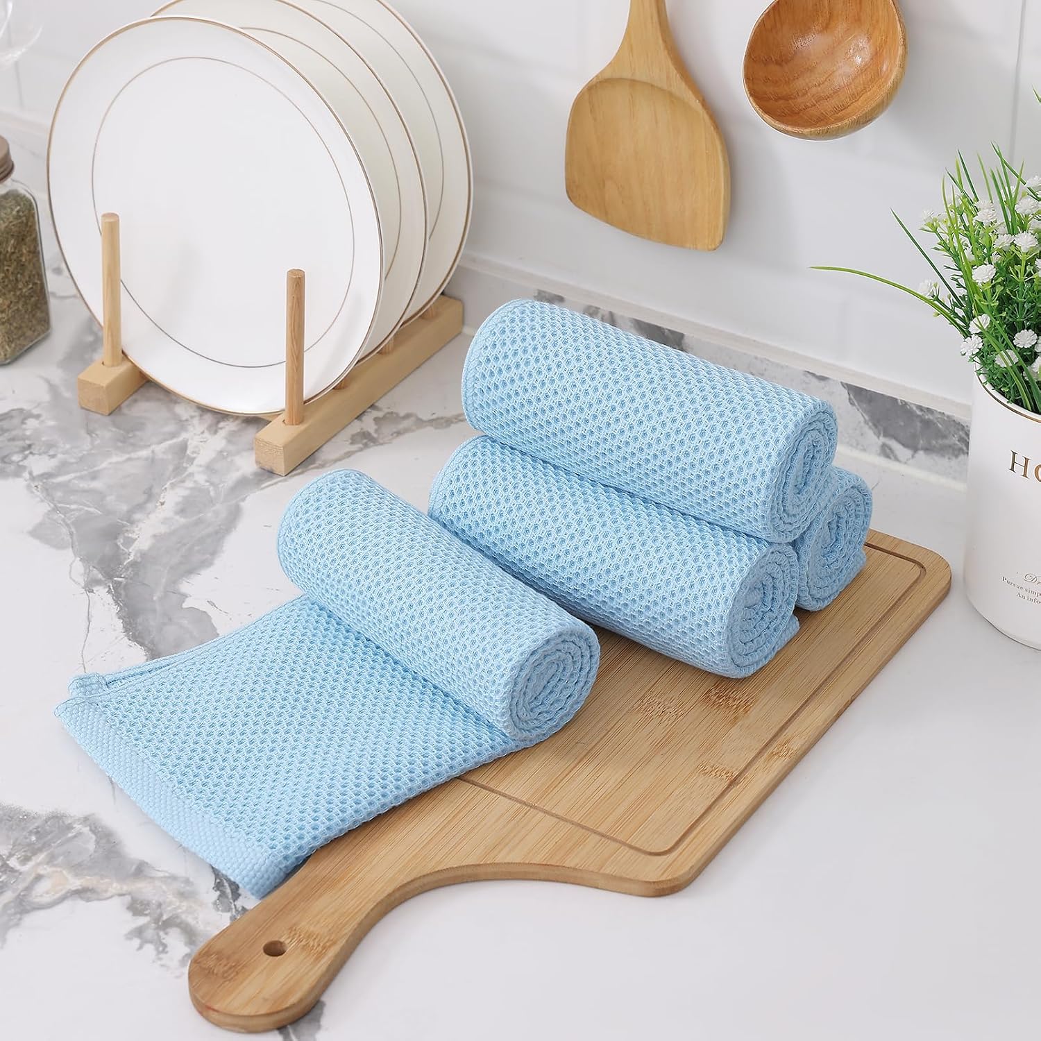 Kitinjoy 100% Cotton Waffle 12-Pack Kitchen Towels, 13" x 28", Sky Blue | Super Soft, Ultra-Absorbent, Fast Drying