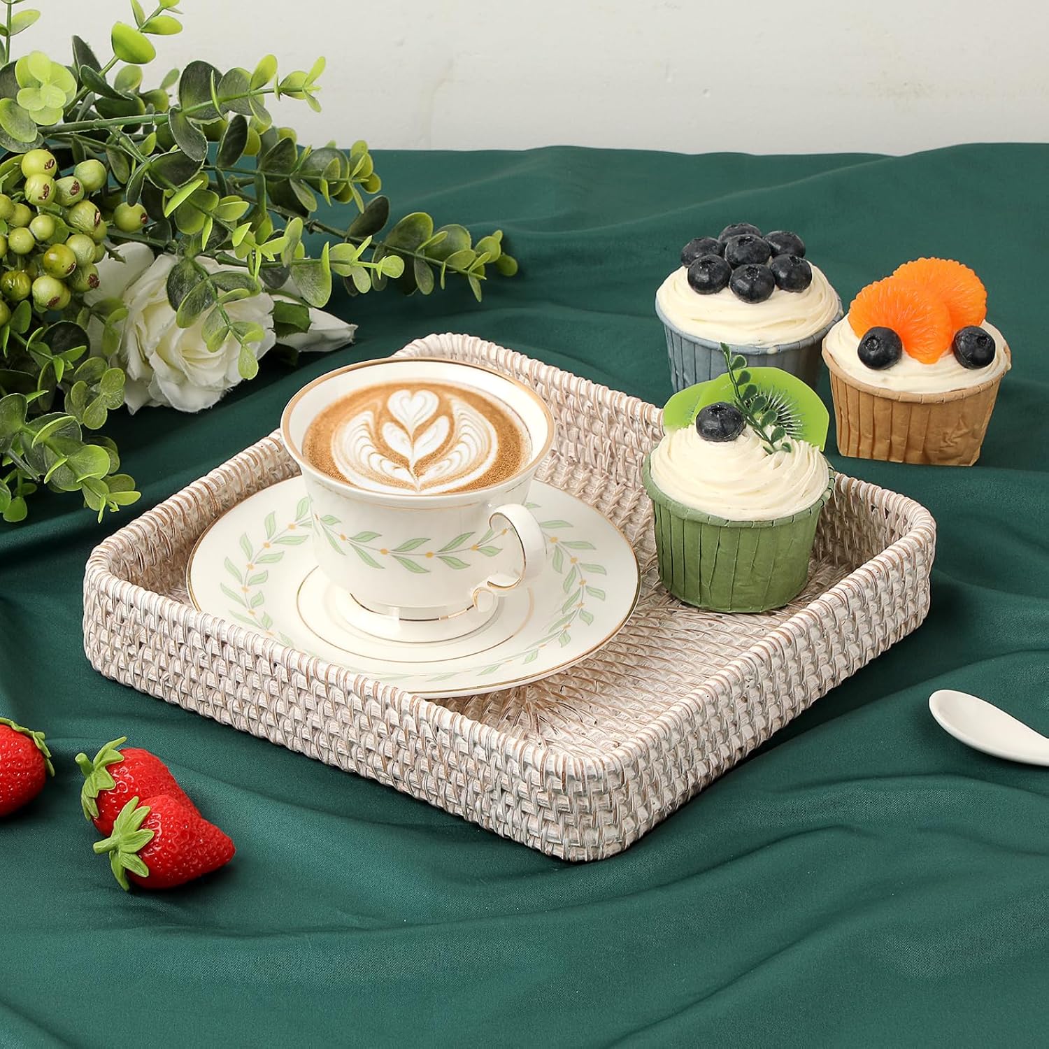 Key Basket for Entryway Table Handwoven Wicker Fruit Tray / 8.1 x 8.1 x 1.4 / Whitewash