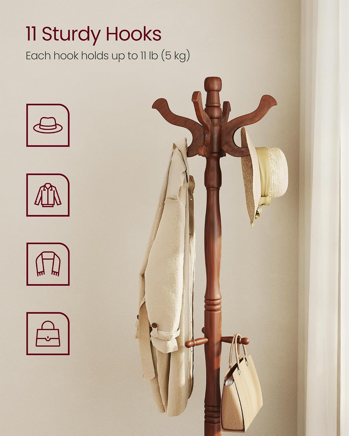 VASAGLE Freestanding Coat Rack, Rubber Wood Coat Tree with 11 Hooks | Hat Stand Garment Rack, 20.5 x 17.8 x 70.9 inch