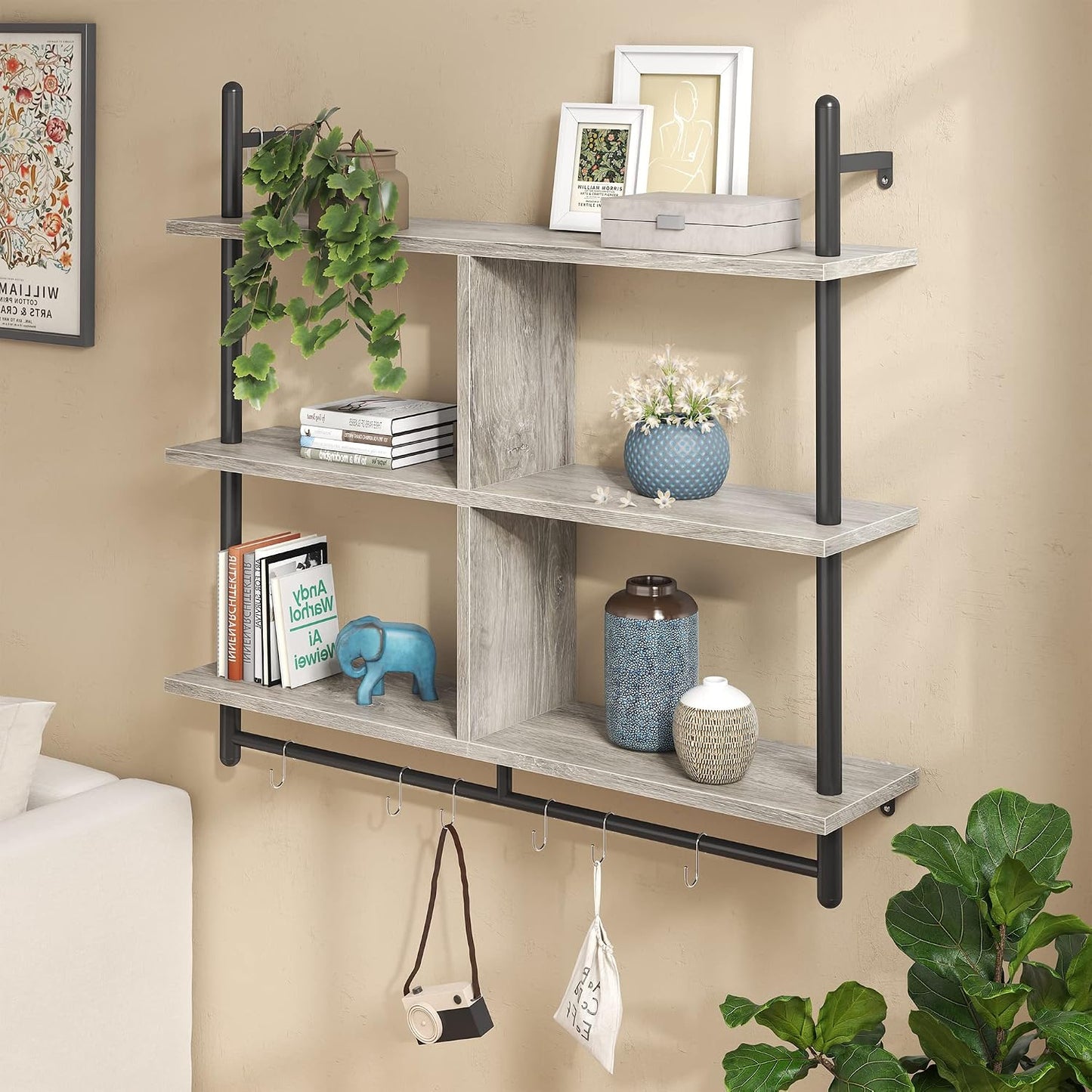 Bestier 41" Floating Kitchen Shelves Wall Mounted 3 Tier Coffee Bar Mug Shelf Hanging with 8 Hooks Display Plant Pipe