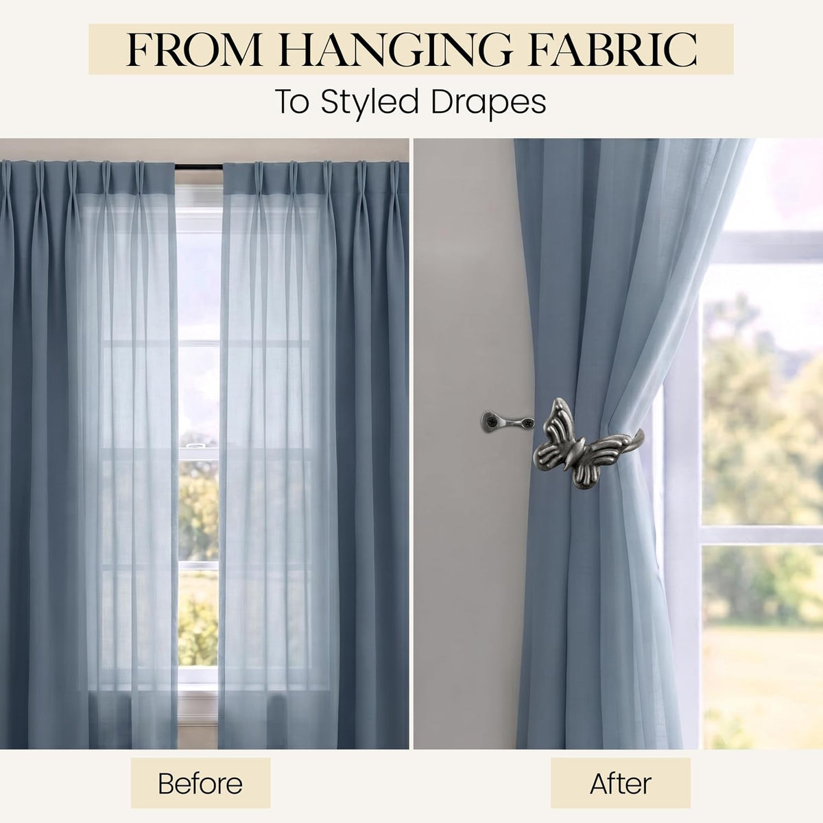 Metal Curtain Tiebacks, Drapery Holders for Wall, 2 Pcs | Farmhouse Wrought Iron Curtain Holdbacks, Ornamental Window