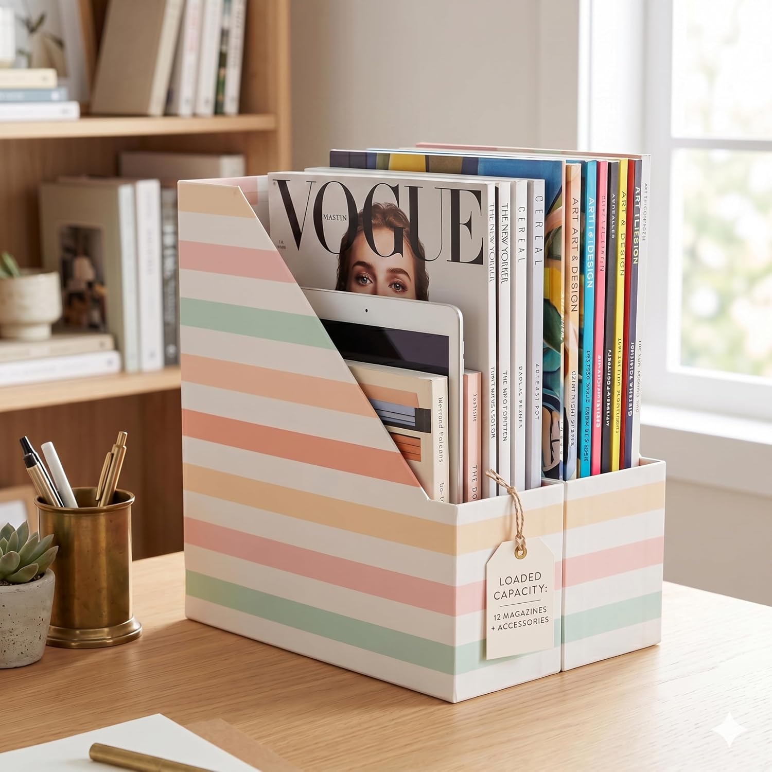 BLU MONACO | Cardboard Magazine File Holder Set of 4 | Vertical Magazine File Holder with Gold Label Slots | Standing