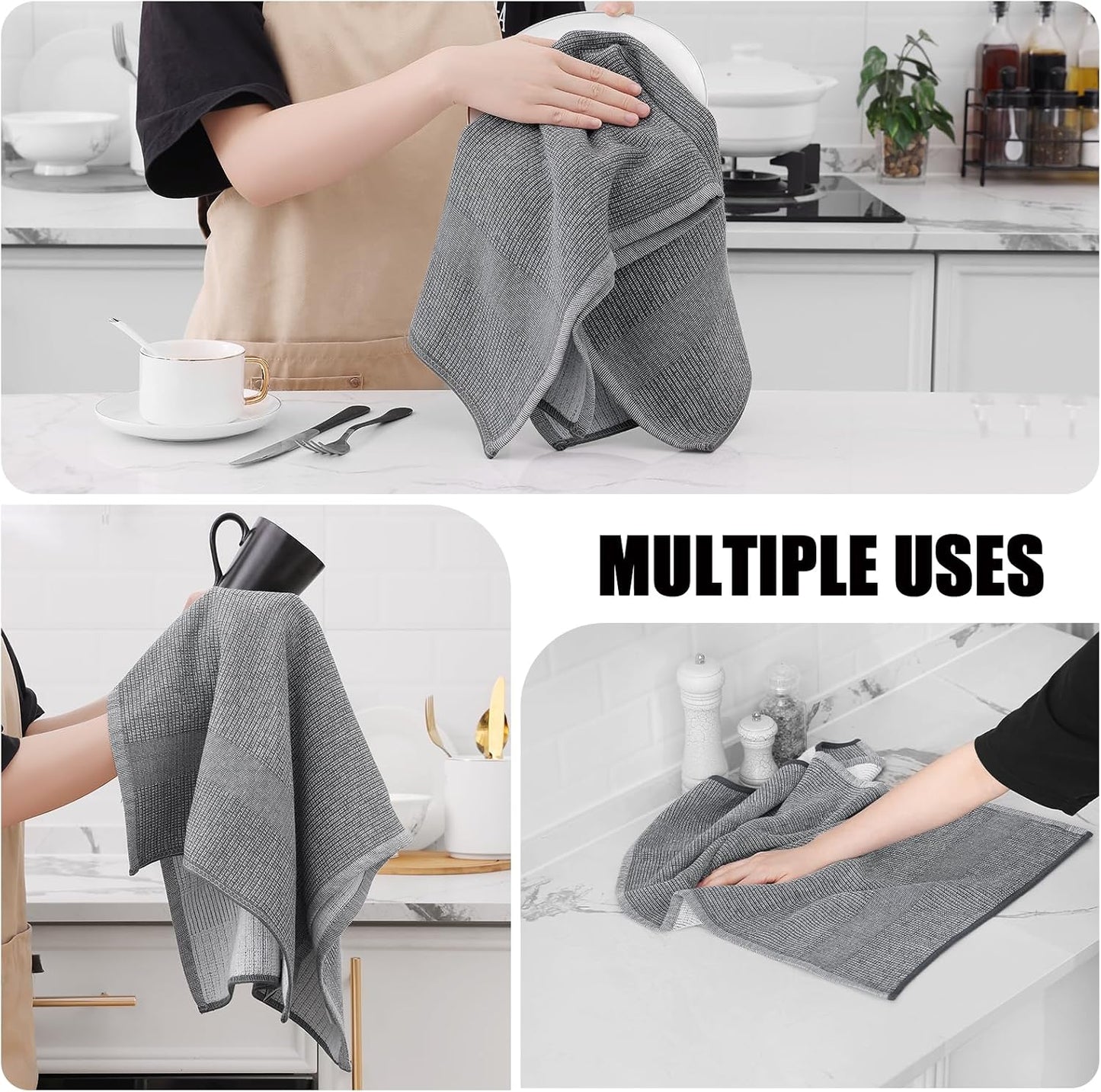 Homaxy 380 GSM Cotton Premium Kitchen Towels 8 Pack, 18"x 28", Grey | Flat and Terry Dish Towels, Highly Absorbent Tea