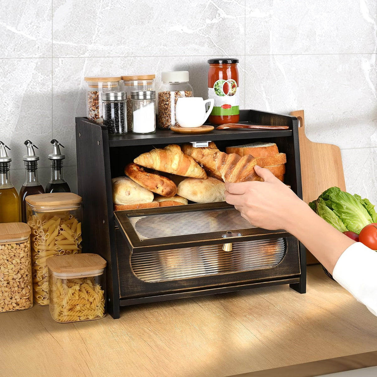 2-Tier Black Bread Box for Kitchen Countertop with Window | Farmhouse Bread Storage Container, Large Pantry Organizers