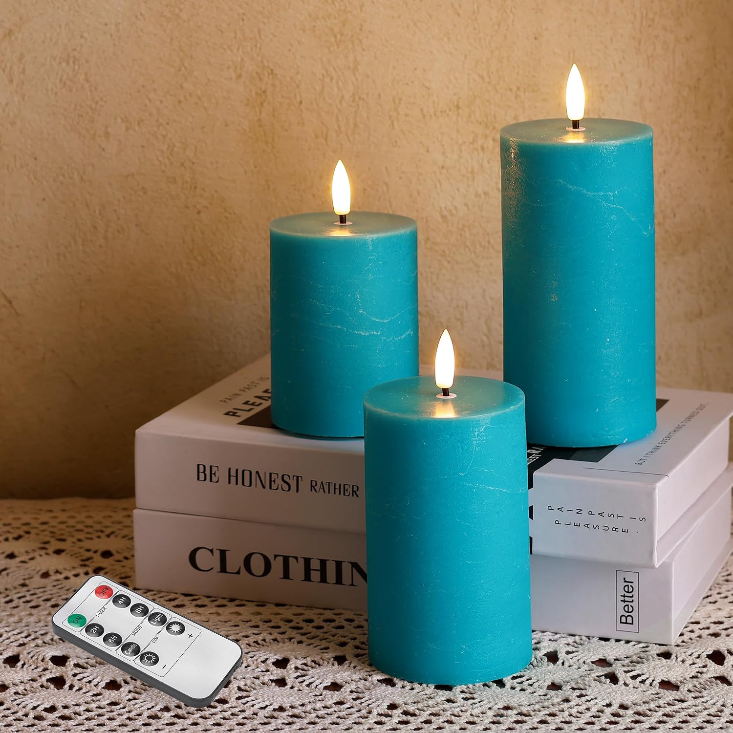 Teal Flameless Candles, Wax Battery Operated Candles with Remote | Flat Top Flickering LED Pillar Candles for Home