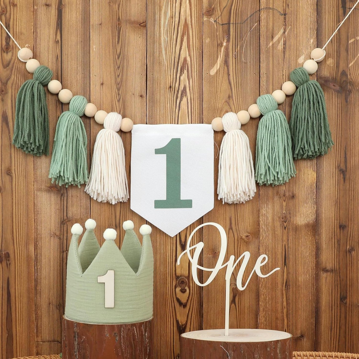 Wood Bead Tassel Garland Crown Hat Wooden Cake / Green