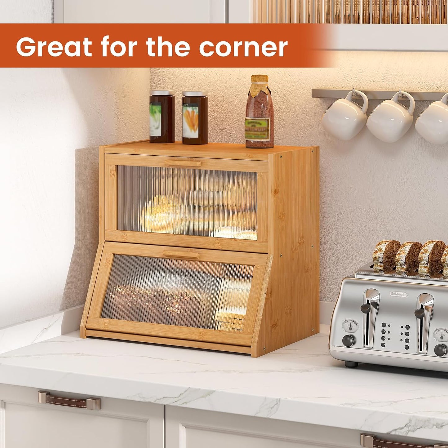 GHWIE Double Layer Bamboo Bread Box for Kitchen Counter,Large Capacity Bread Storage Bin,Bread Container with Acrylic