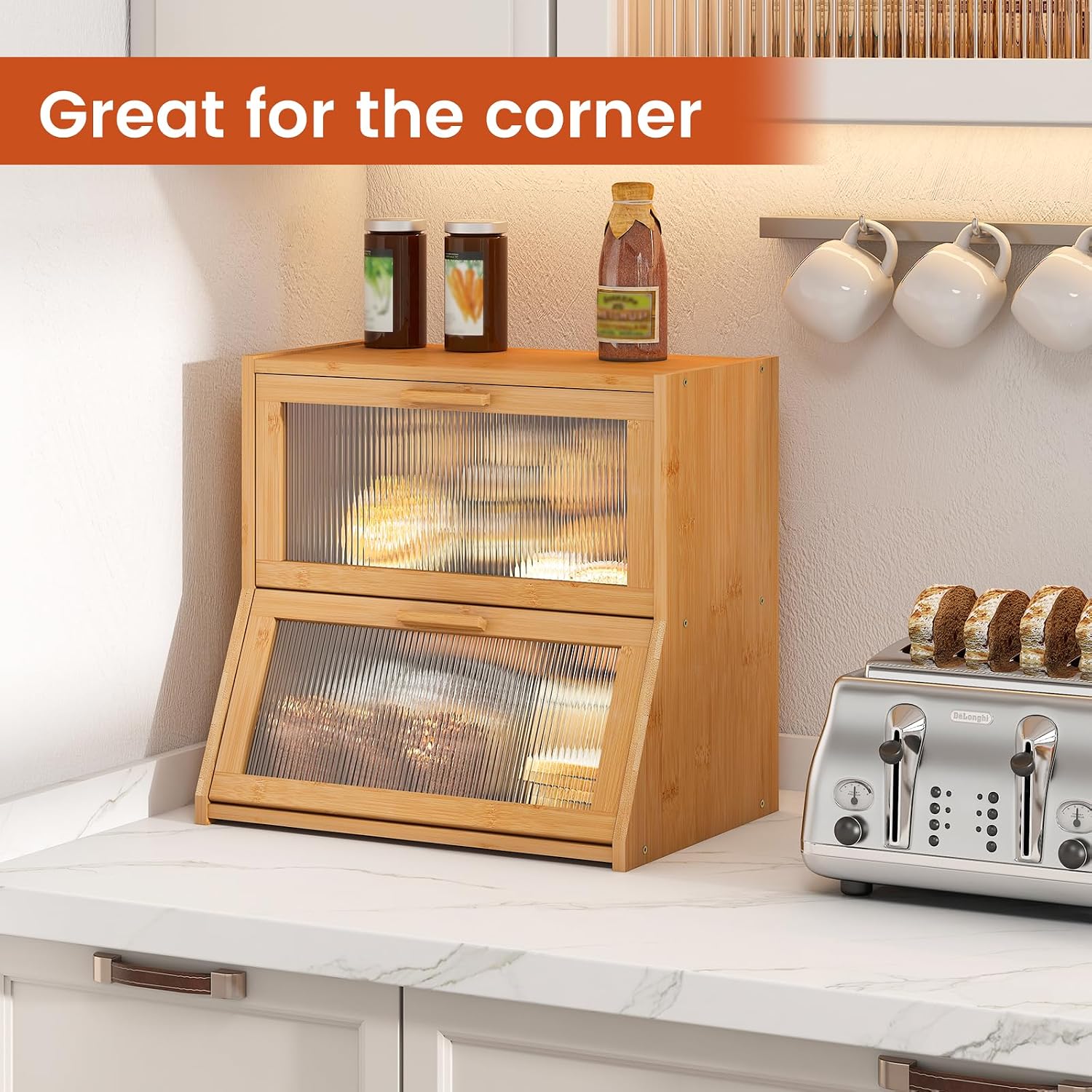 GHWIE Double Layer Bamboo Bread Box for Kitchen Counter,Large Capacity Bread Storage Bin,Bread Container with Acrylic