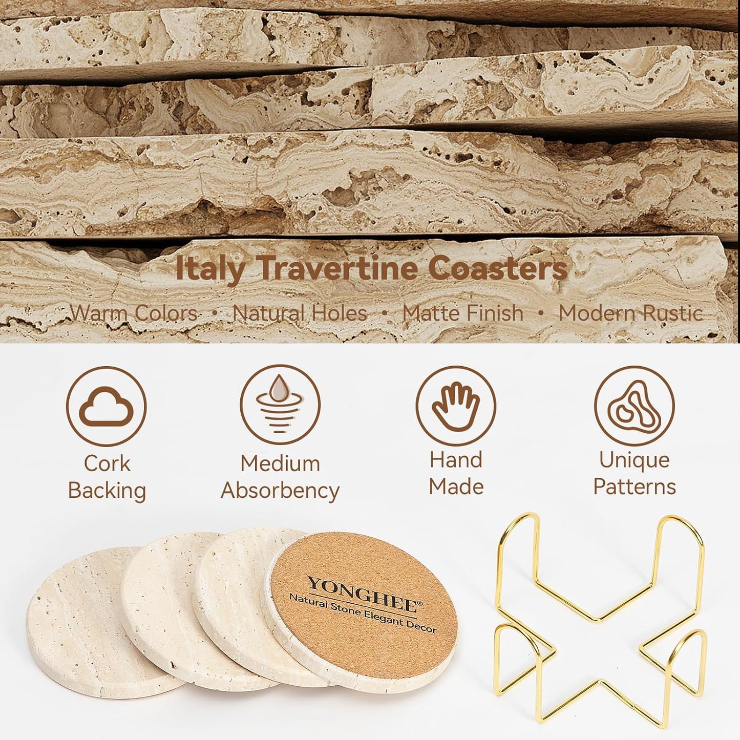 Holder / Elegant Rustic Farmhouse Coasters for Drinks / 5th Style - with Holder / Beige / Set of 4
