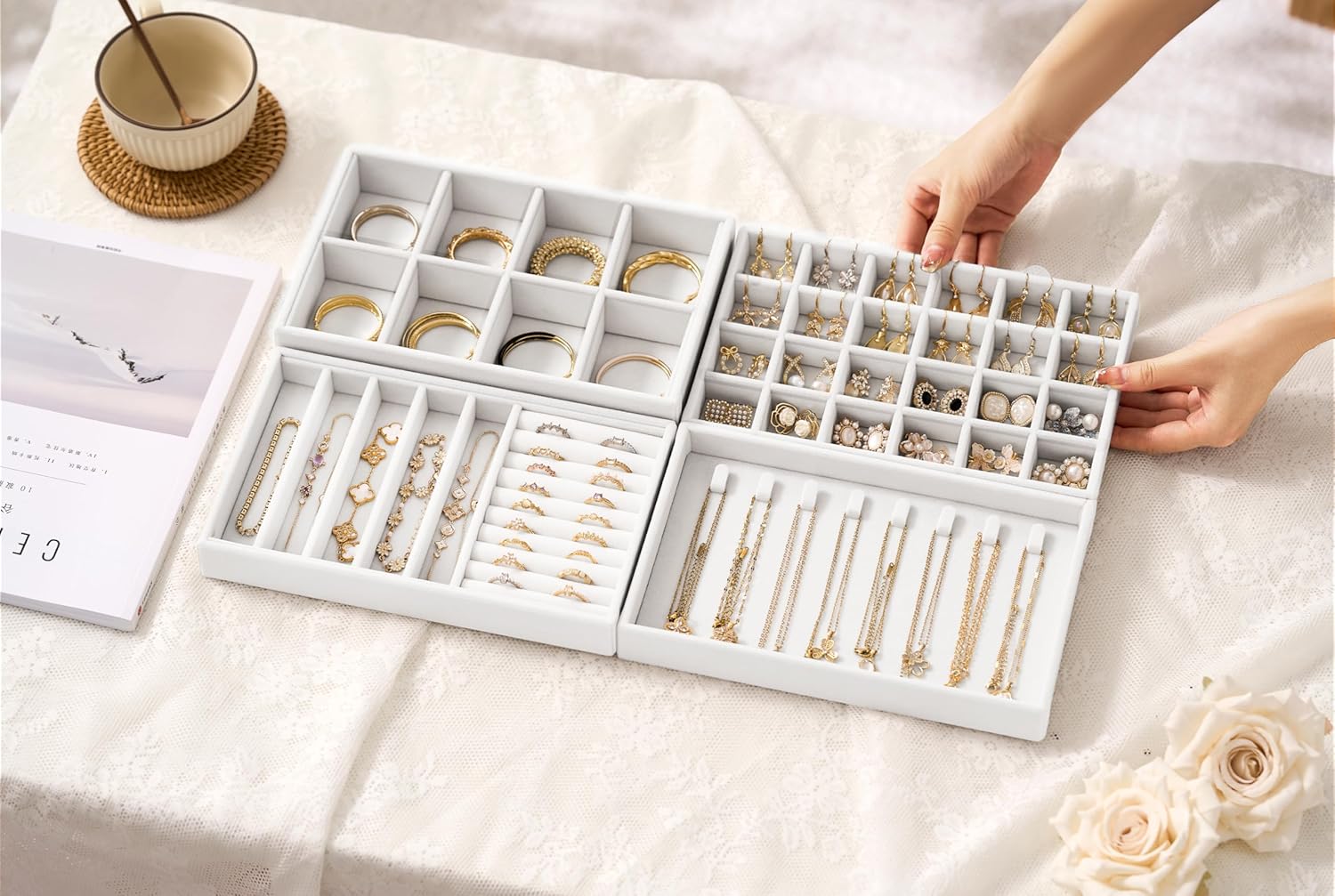 Velvet Jewelry Drawer Organizer Trays / White / Compact