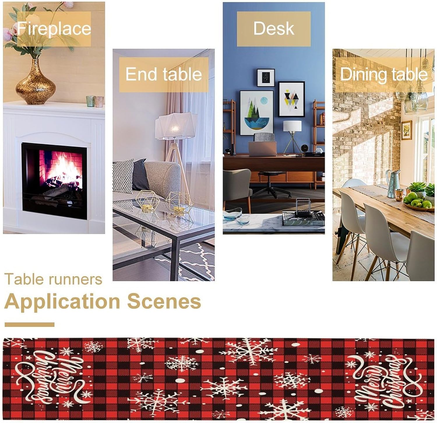 Xmas Linen Table Runner, Red and Black Buffalo Plaid Snowflake Merry Christmas Holiday Farmhouse Patterns Printed Linen