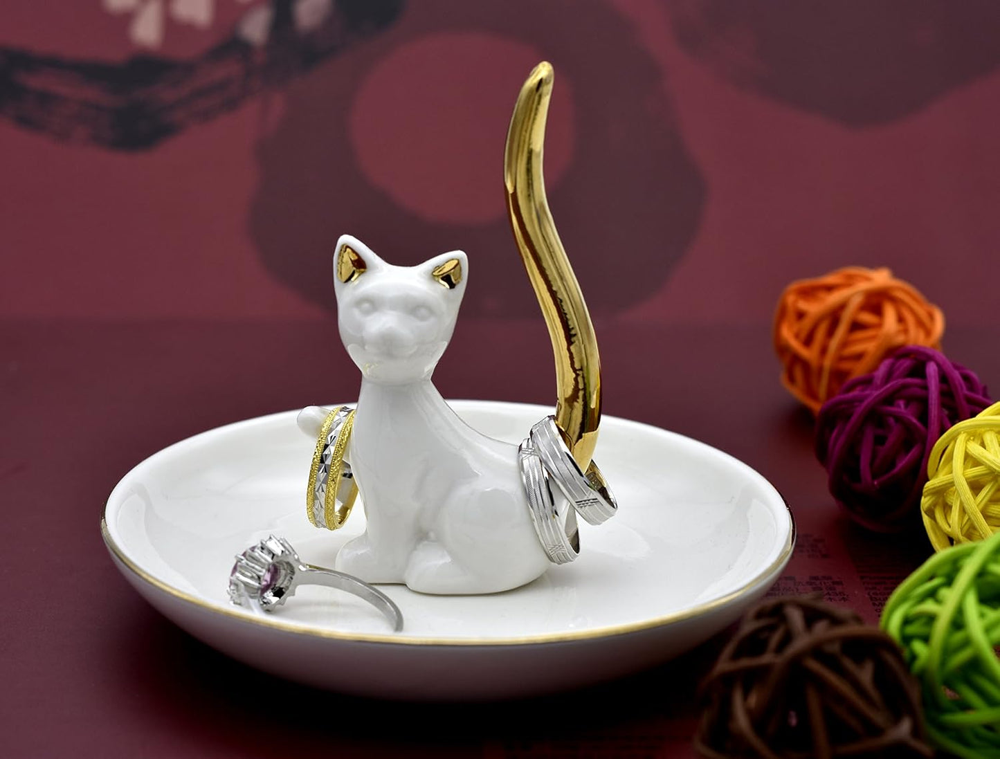 Love Cat Posture Ring Holder Jewelry Storage Dish Trinket Tray / One Size / White Cat Golden Tail