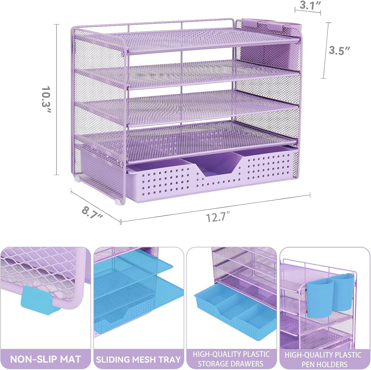LEKETREE Desk Organizers and Accessories, 5-Tier Paper Letter Tray Organizer with Drawer & 2 Pen Holders, Desktop