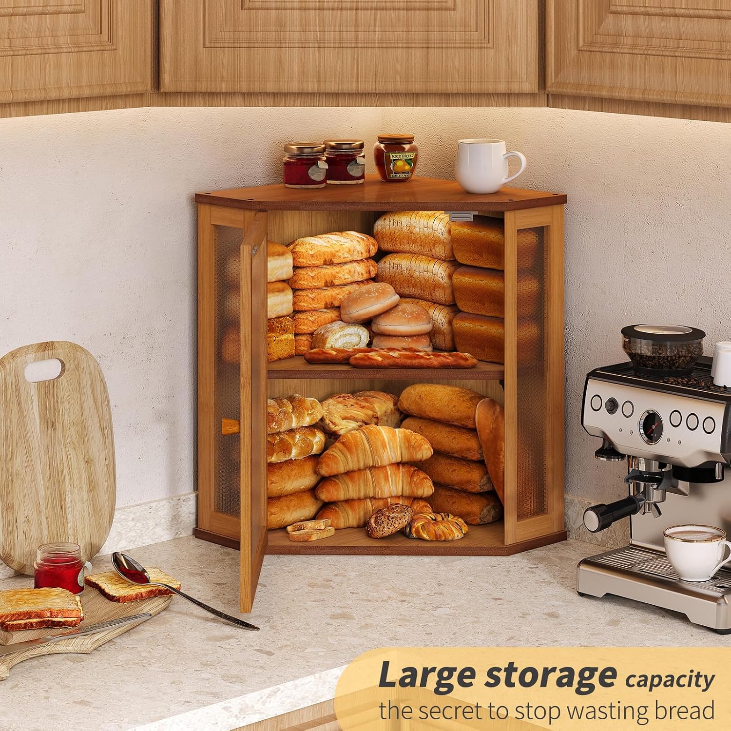 Corner Bread Box for Kitchen Countertop,Bread Storage for Homemade Bread, Double Layer Large Bamboo Kitchen Storage Bin
