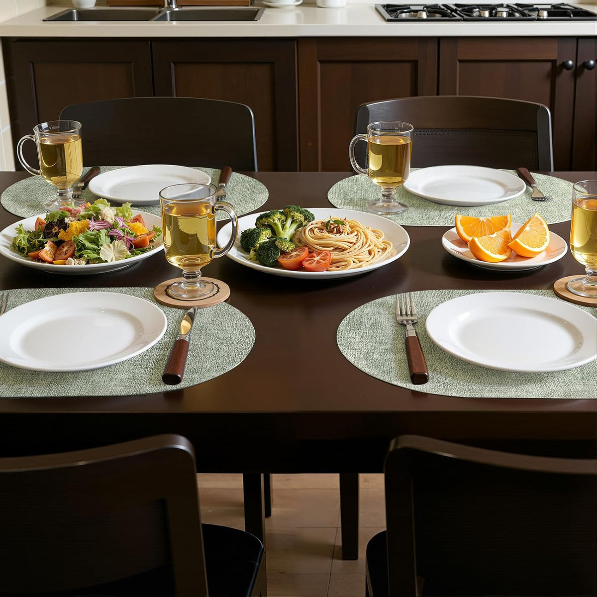 Placemats Set of 6, 11.8 x 17 Inch, Grass Green | Heat Resistant Oval Faux Leather Place Mats, Waterproof Wipeable