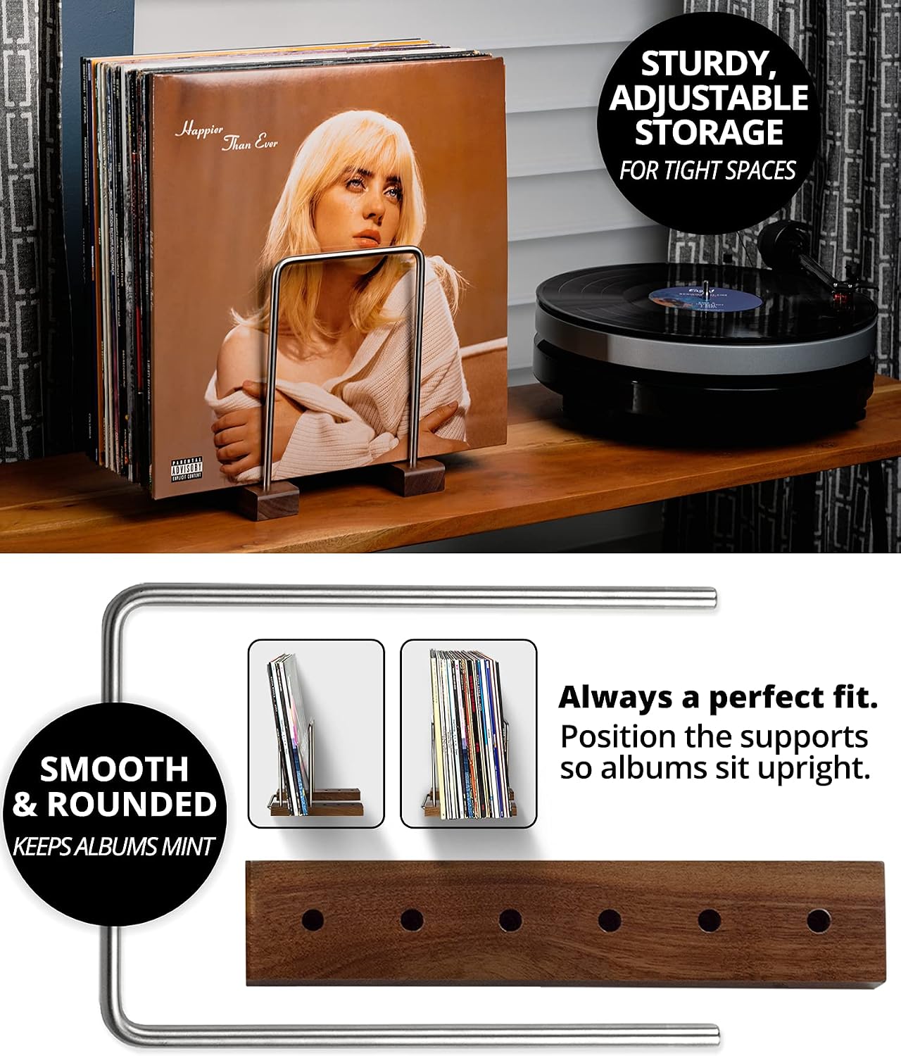 35 LP Vinyl Record Storage Holder, Solid Walnut, Adjustable | Solid Walnut and Steel, Holds 25-35 LPs, Adjustable