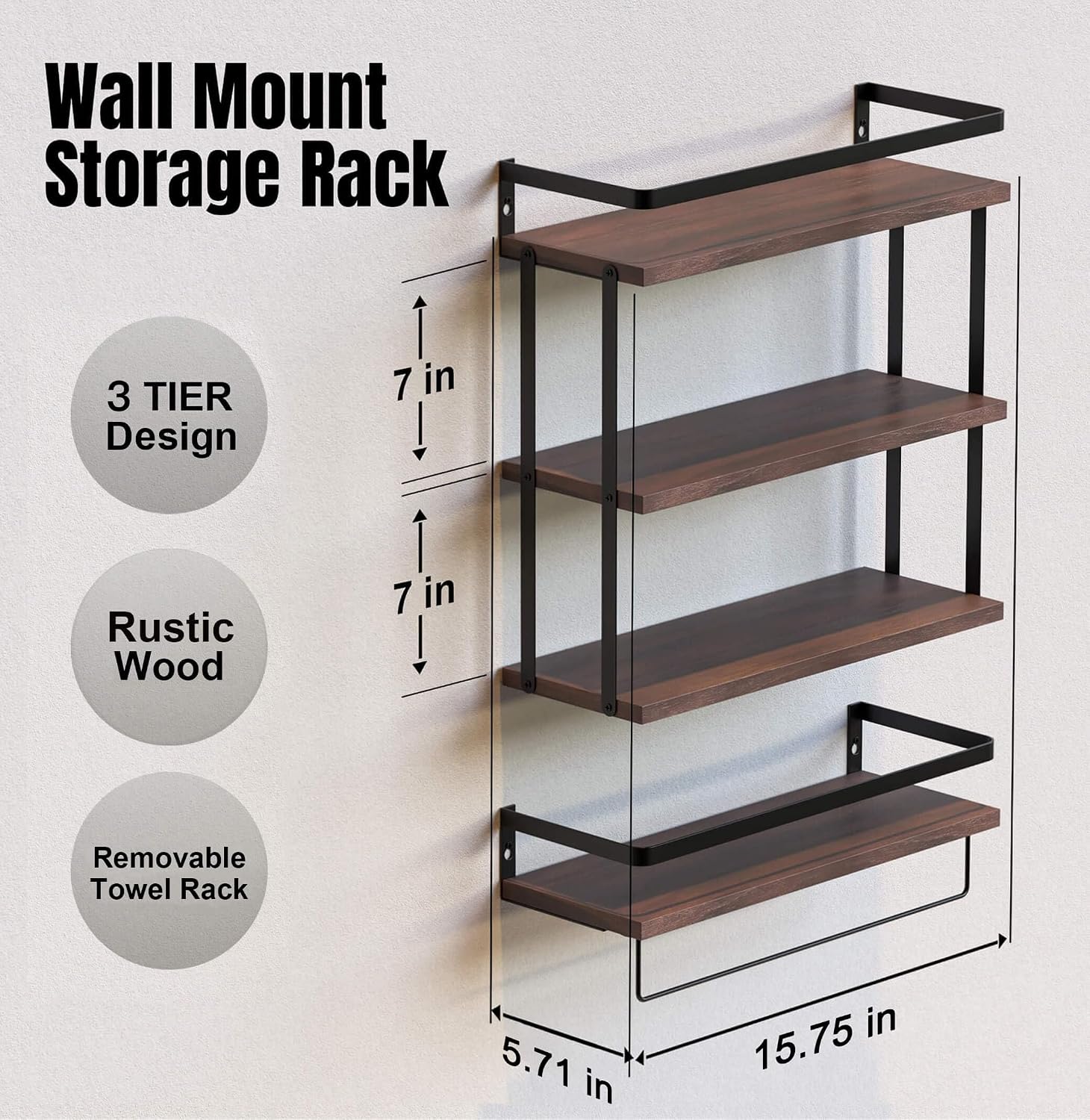 RICHER HOUSE Floating Shelves Bathroom, Wall Mounted Shelf Over Toilet | 3+1 Tier, with Metal Rail, Towel Rack, Paper