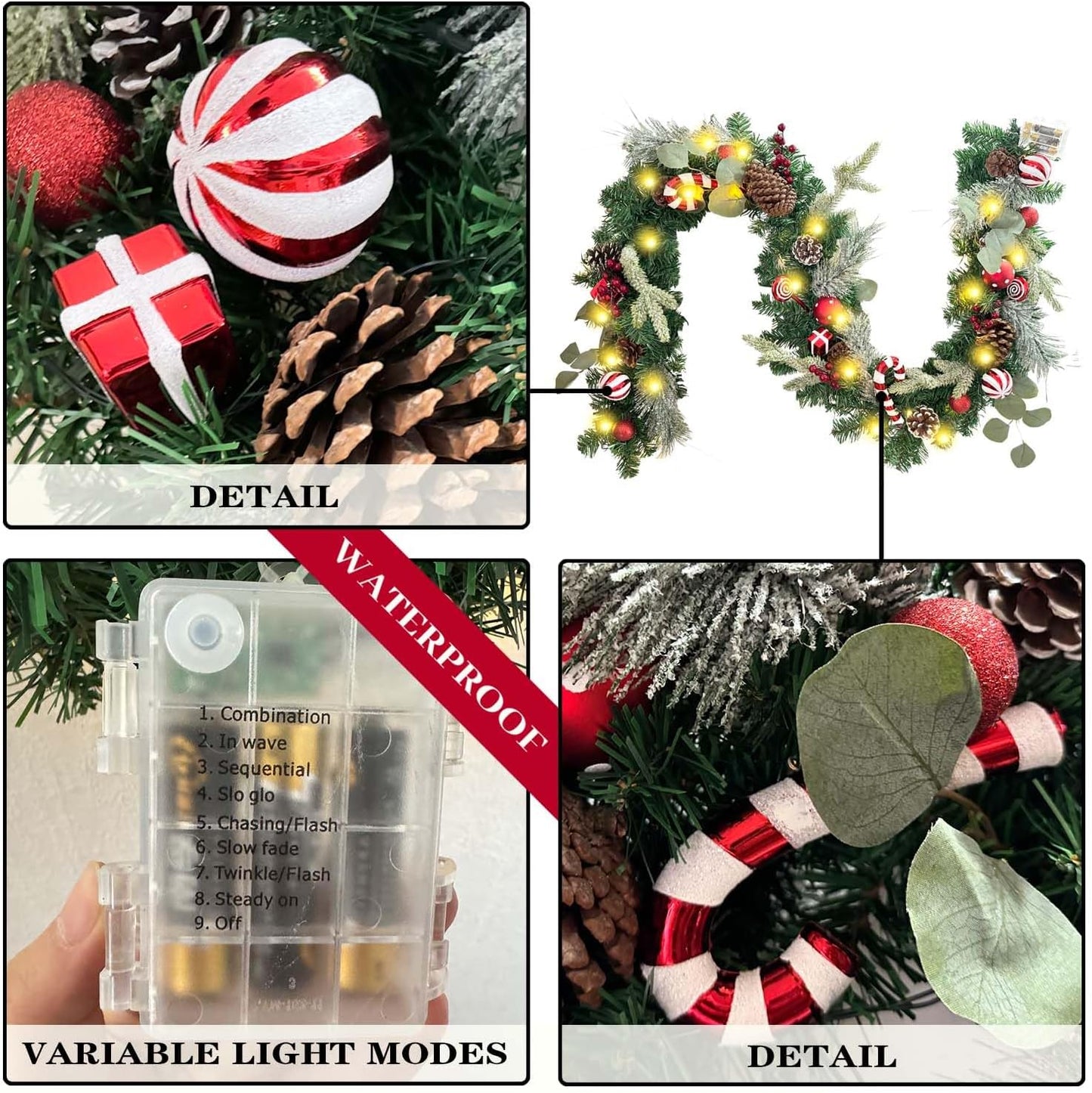 WANNA-CUL Pre-Lit 6ft Red White Christmas Garland with 30 LED Lights | Candy Cane Xmas Lighted Garland for Mantel with