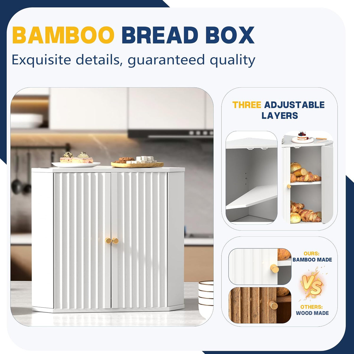 Corner Bread Box for Kitchen Countertop, Large Bread Storage Container, Double Layer Breadbox for Homemade Bread
