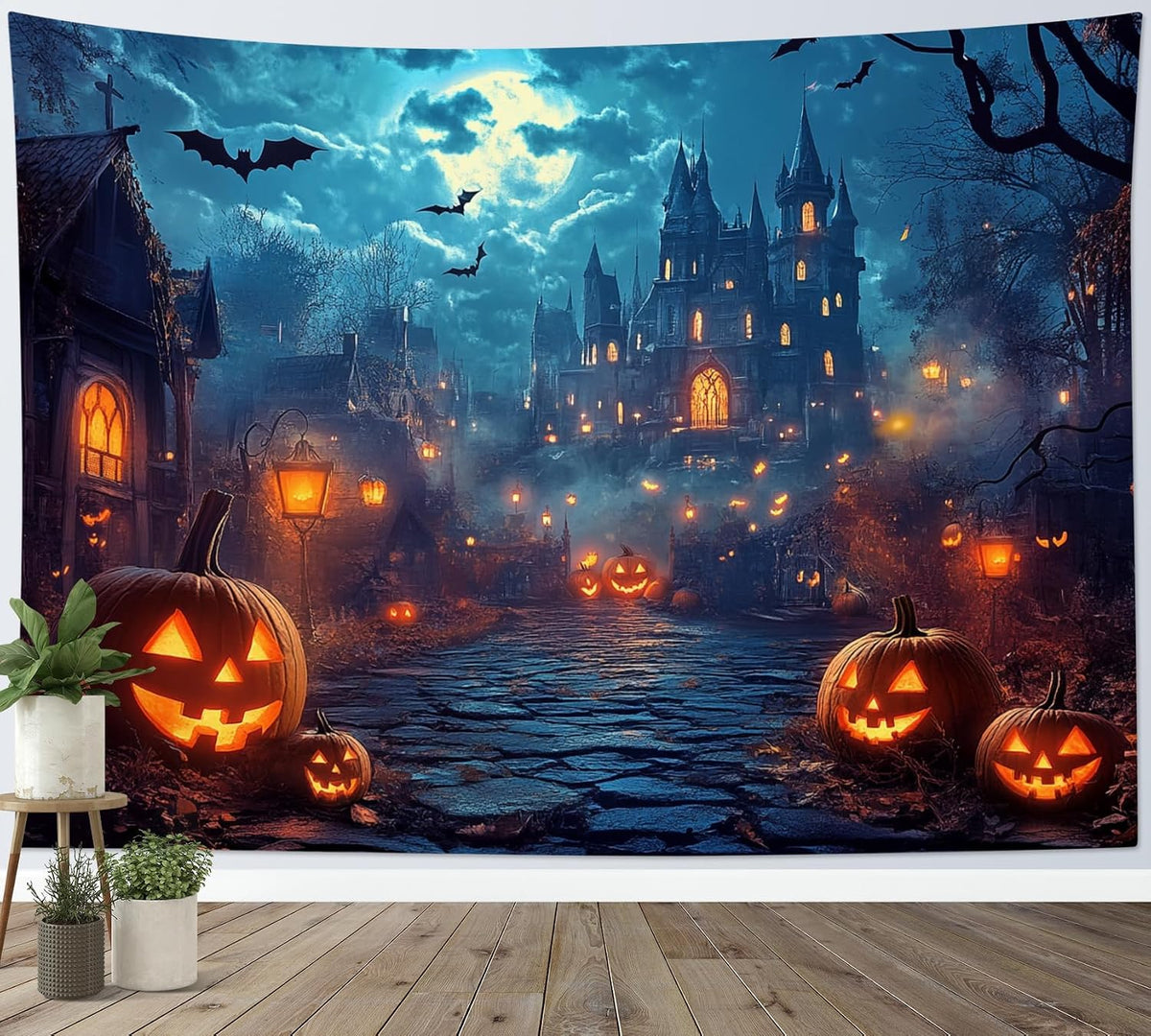 HVEST Horror Halloween Tapestry Wall Hanging Spooky Pumpkin and Gothic Haunted House Wall Art Moon and Scary Bat Tapestry for Bedroom Living Room Dorm Wall Decor, 60L X 80W inches