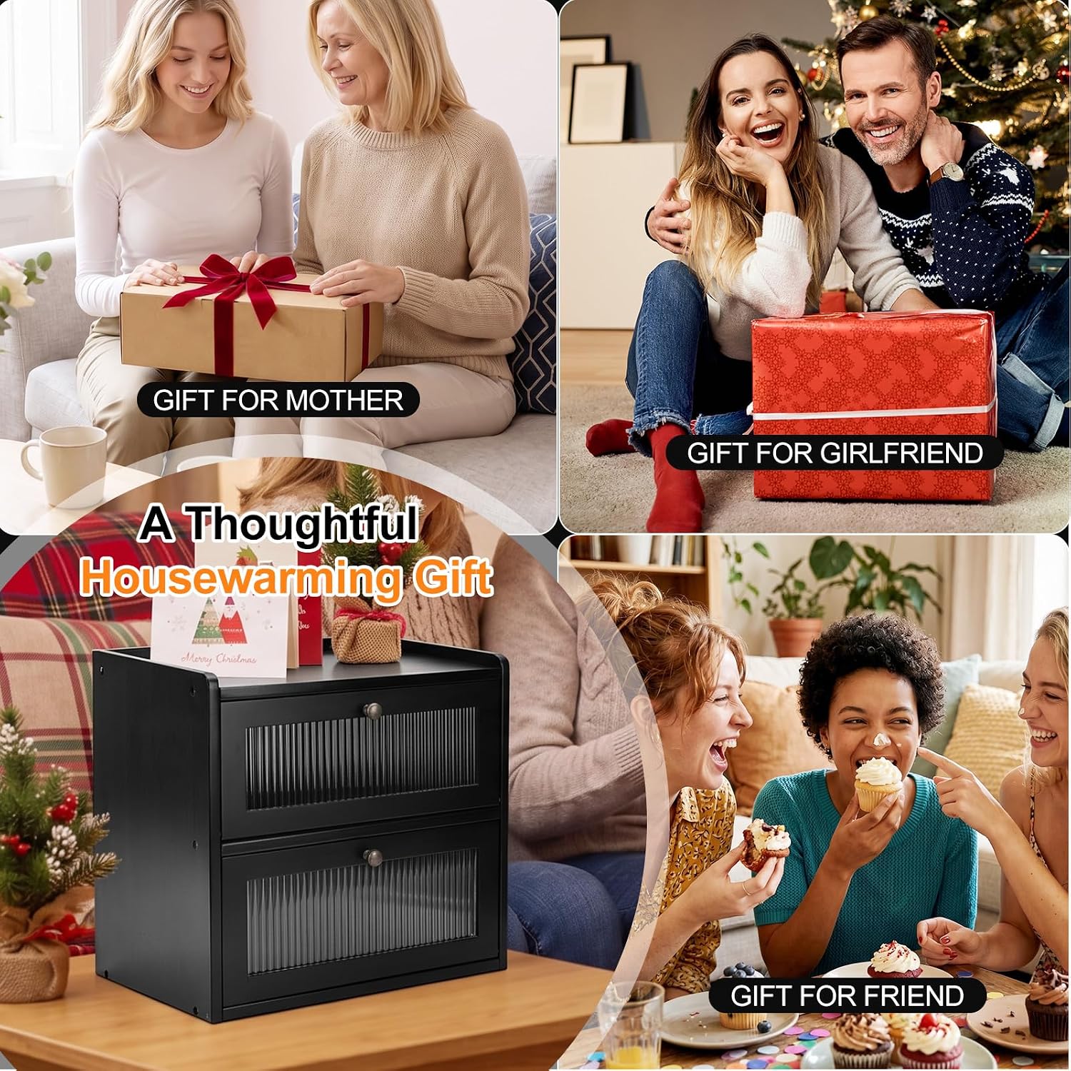 Alpeir Wooden Bread Box for Kitchen Countertop, Large Double Layer, Black | Food-Safe Pine Wood, Double-Row