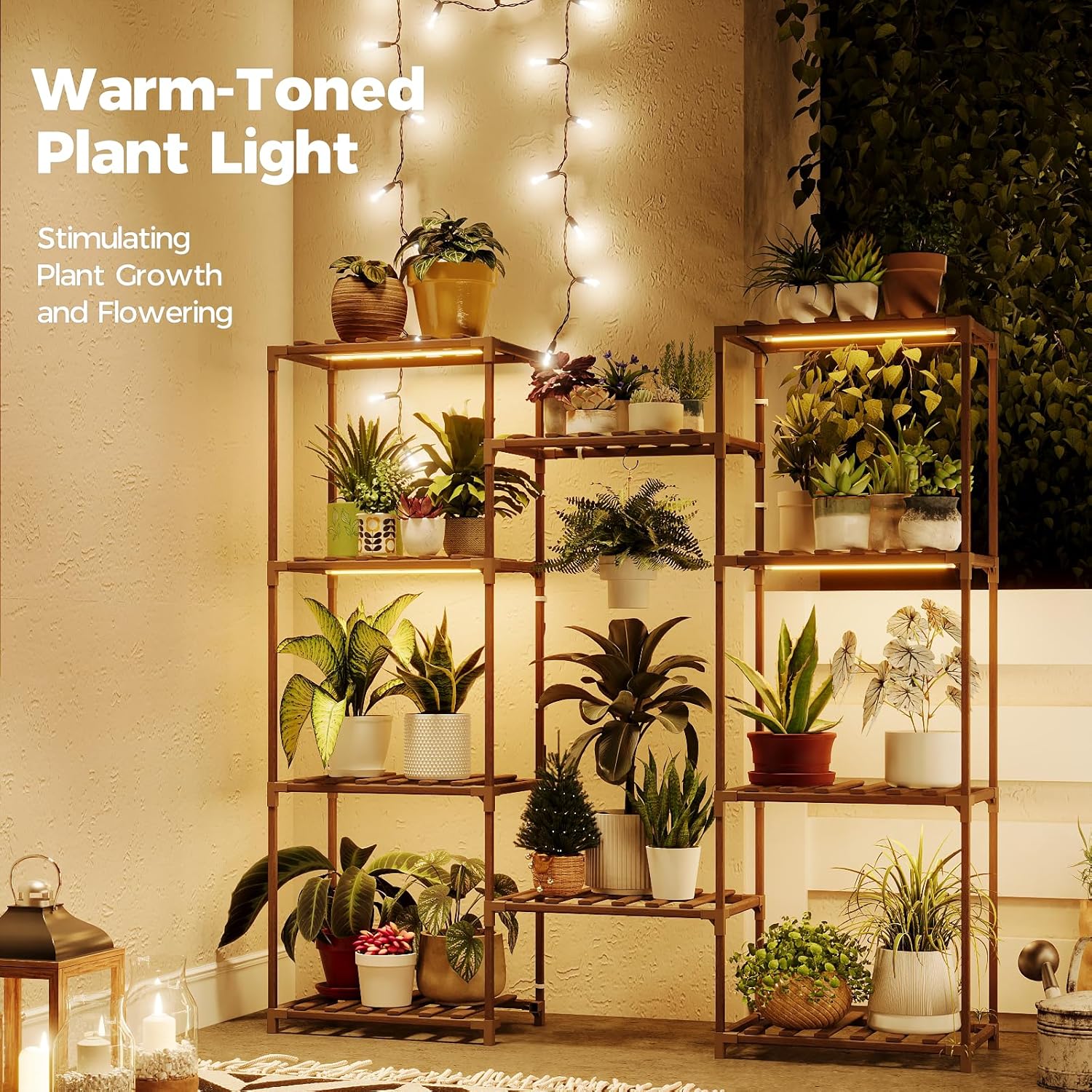 Bamworld Plant Stand with Grow Lights Large Plant Shelf for Mutiple Pots Plant Holder for Living Room Patio Boho Home