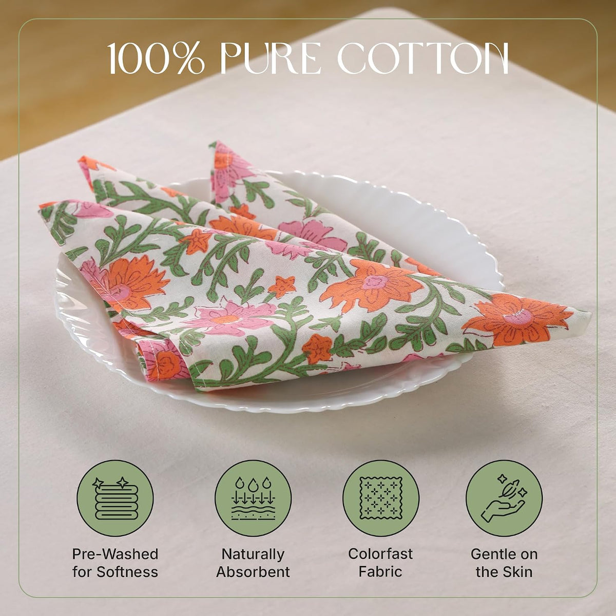 Floral Cloth Napkins Set of 12, 100% Cotton Reusable Dinner Napkins, Block Print Inspired, 18 x 18 Inch Table & Kitchen