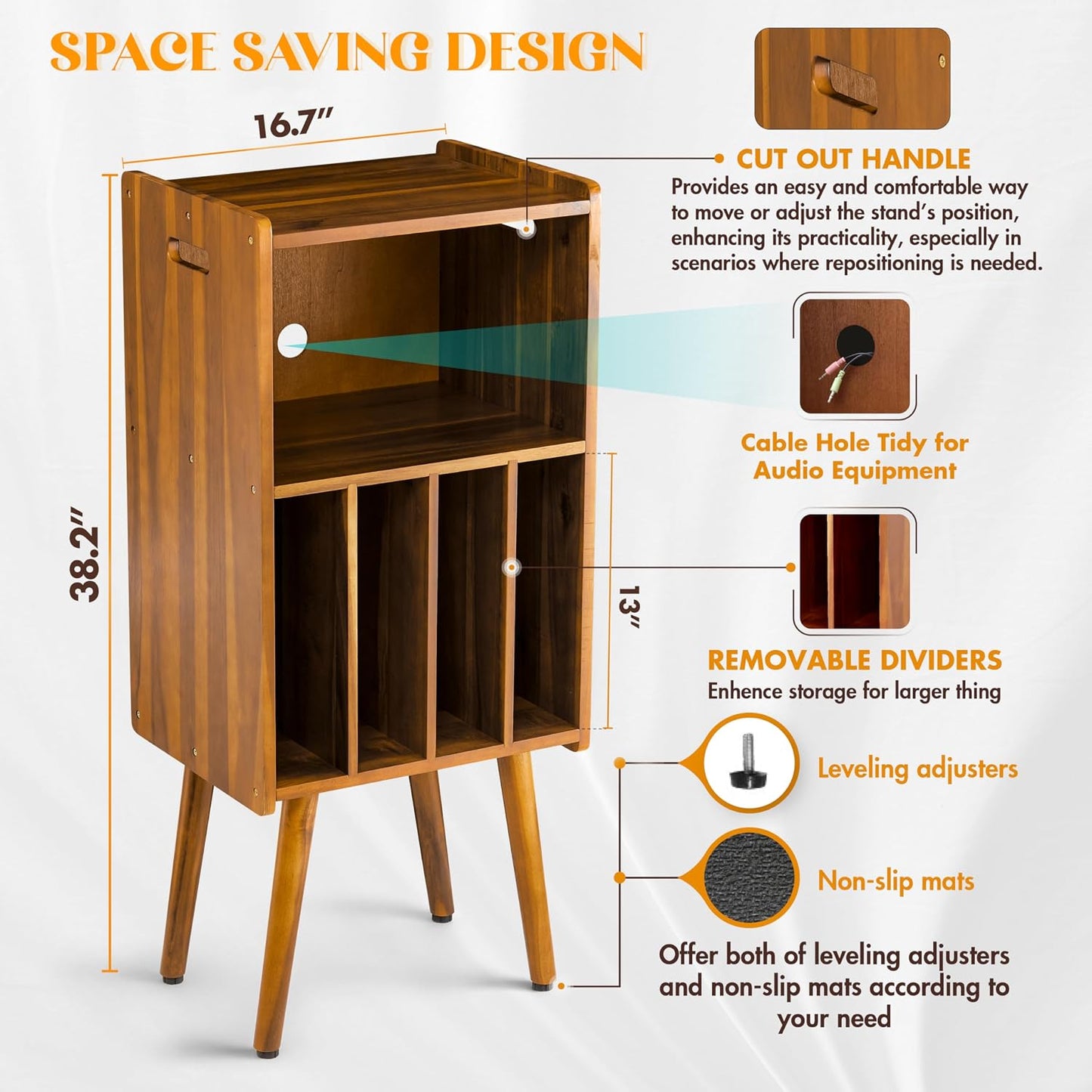 Wooden LP Record Player Stand, 3-Tier Turntable Stand Cabinet Holds up to 100 Albums, Metal Record Storage Holder and