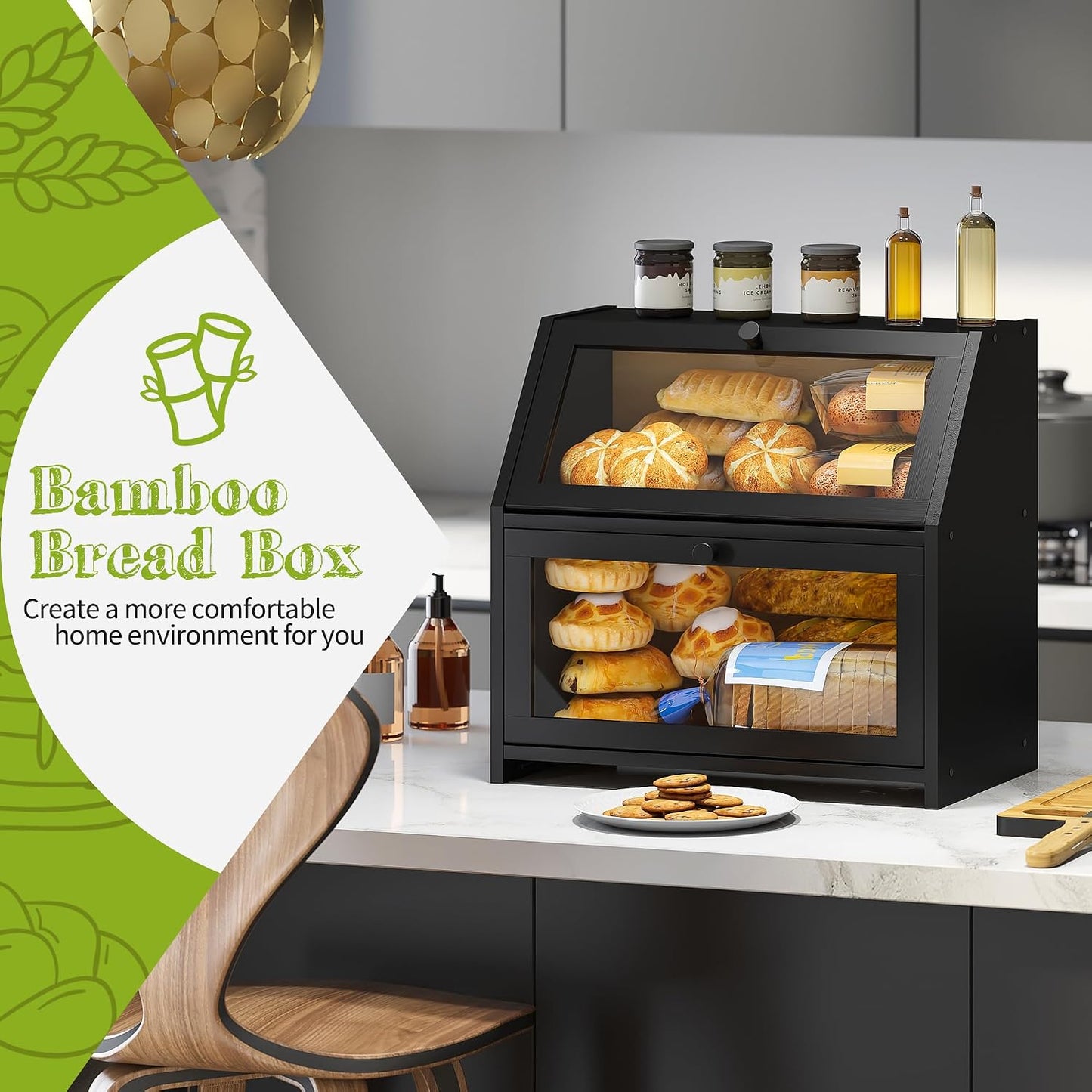 BMOSU Bread Box with Cutting Board Kitchen Bread Storage Organizer Farmhouse Countertop Double Bamboo Wood Bread