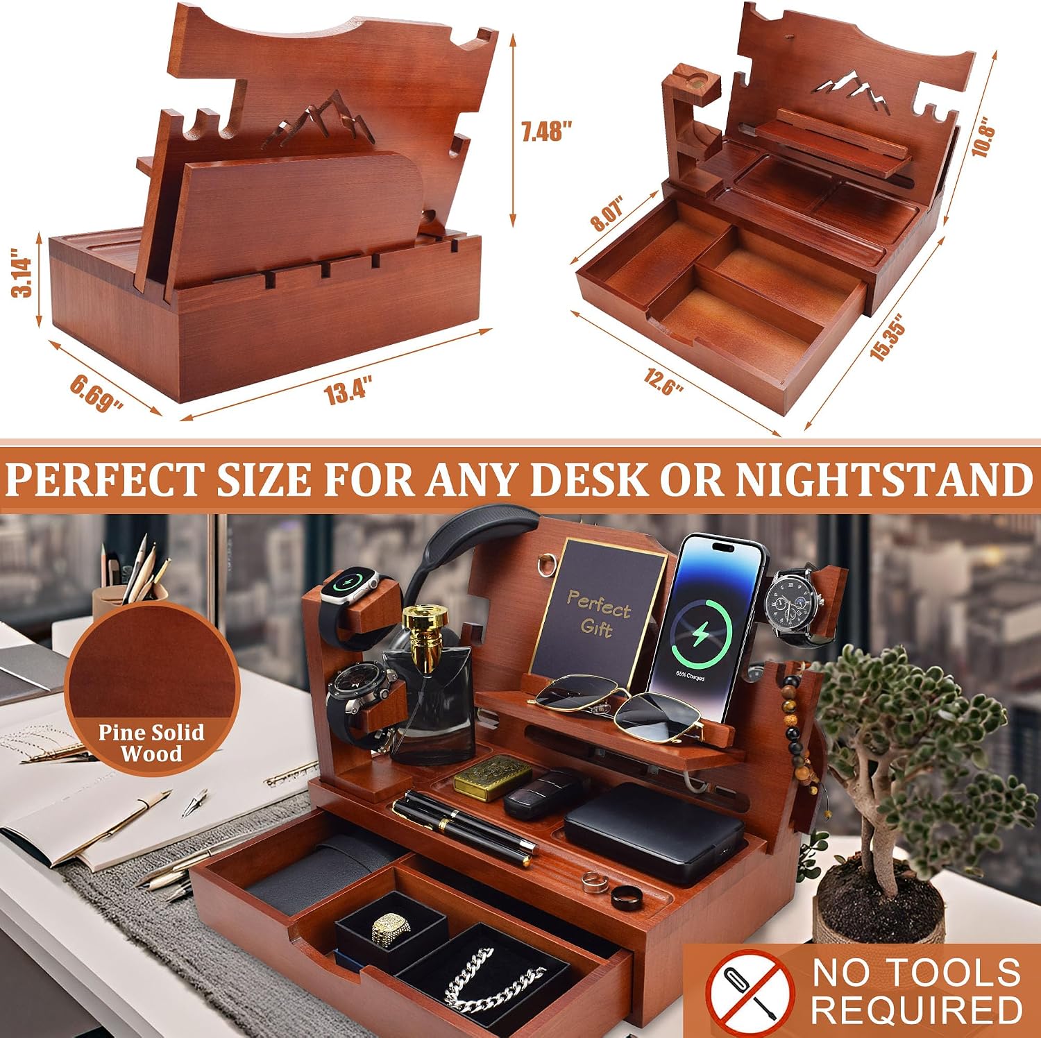Nightstand Organizer for Men with Large Drawer, Wood Phone Docking Station for Phone, Apple Watch, Wallet & Keys, Ideal