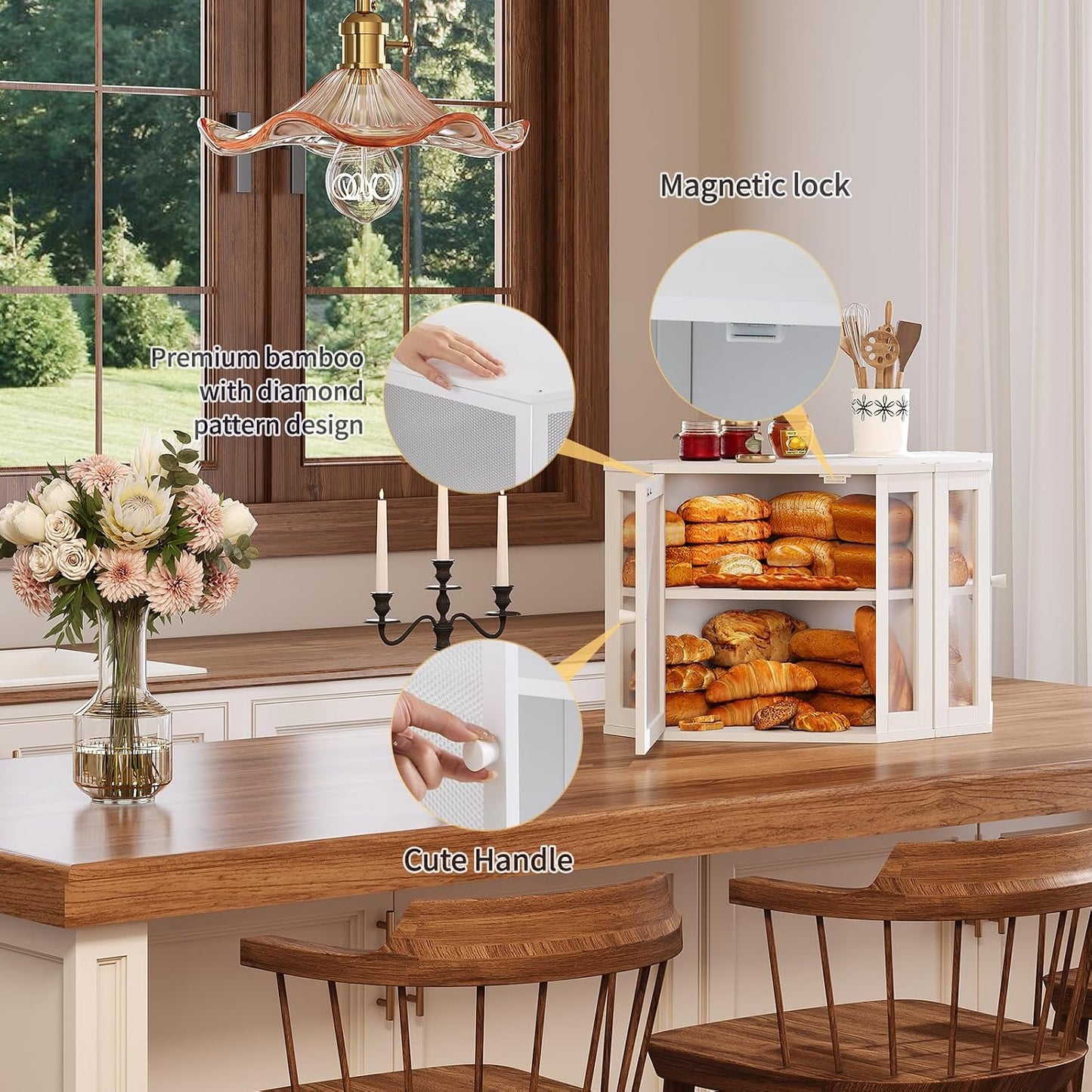 Corner Bread Box for Kitchen Countertop,Bread Storage for Homemade Bread, Double Layer Large Bamboo Kitchen Storage Bin
