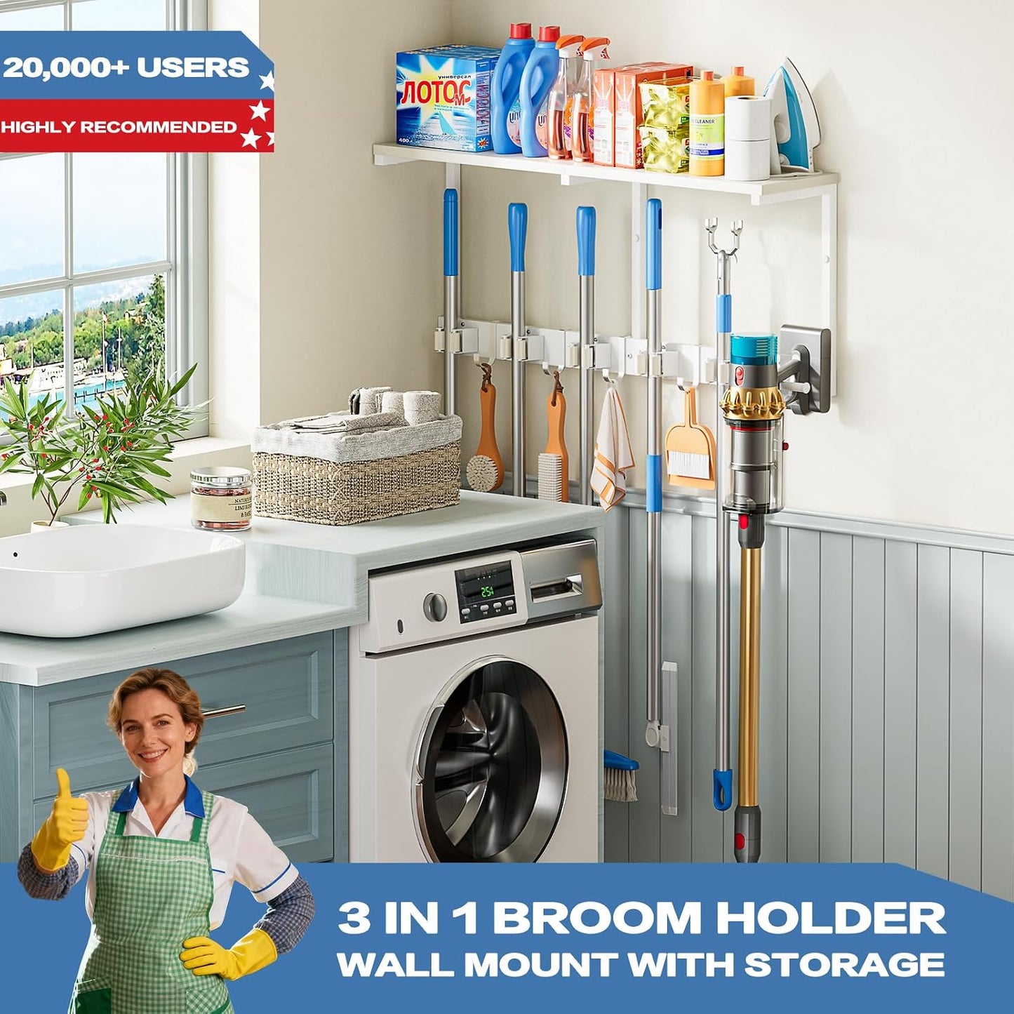 Broom Holder Wall Mount with Cleaning Supplies Organizer, Laundry Room Organization and Storage Shelf with Mop Hanger