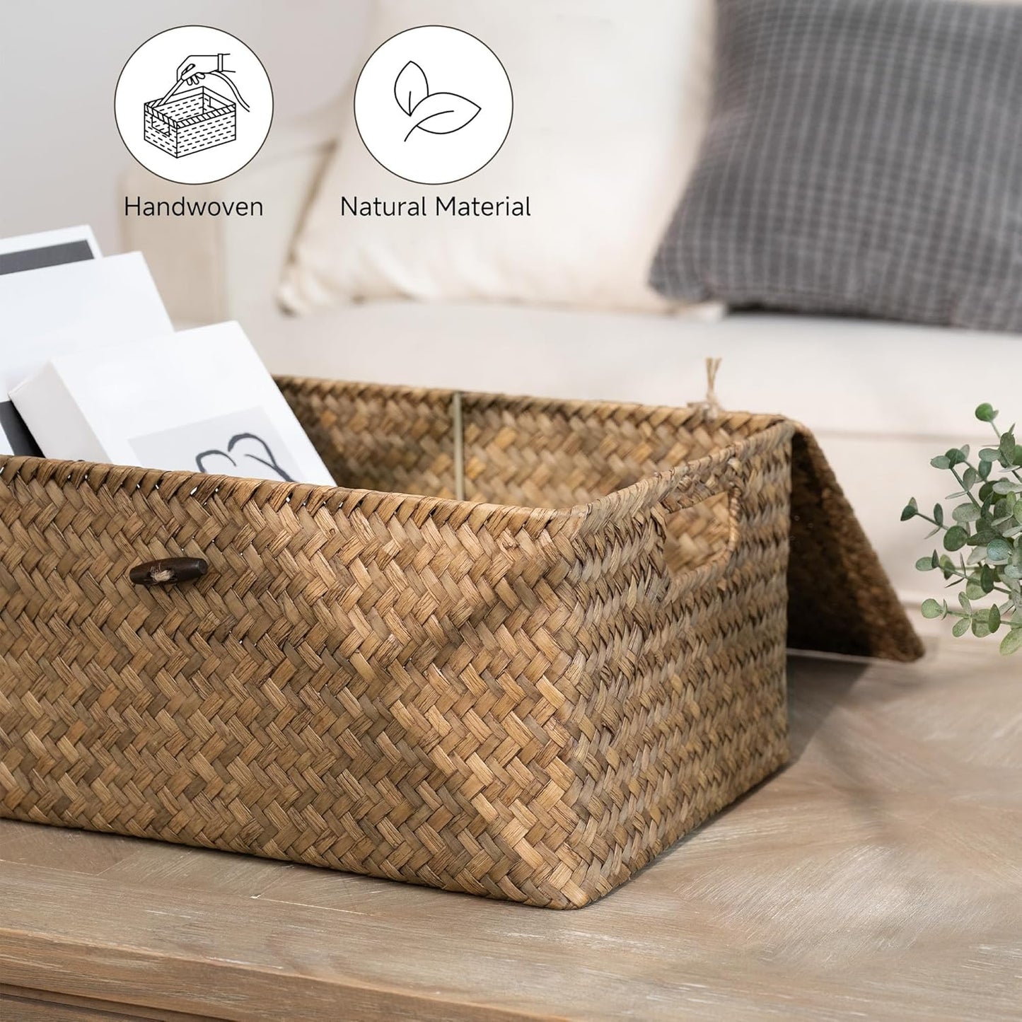 Wicker Baskets / Seagrass Storage Baskets / Brown / 15"L x 11"W x 7"H