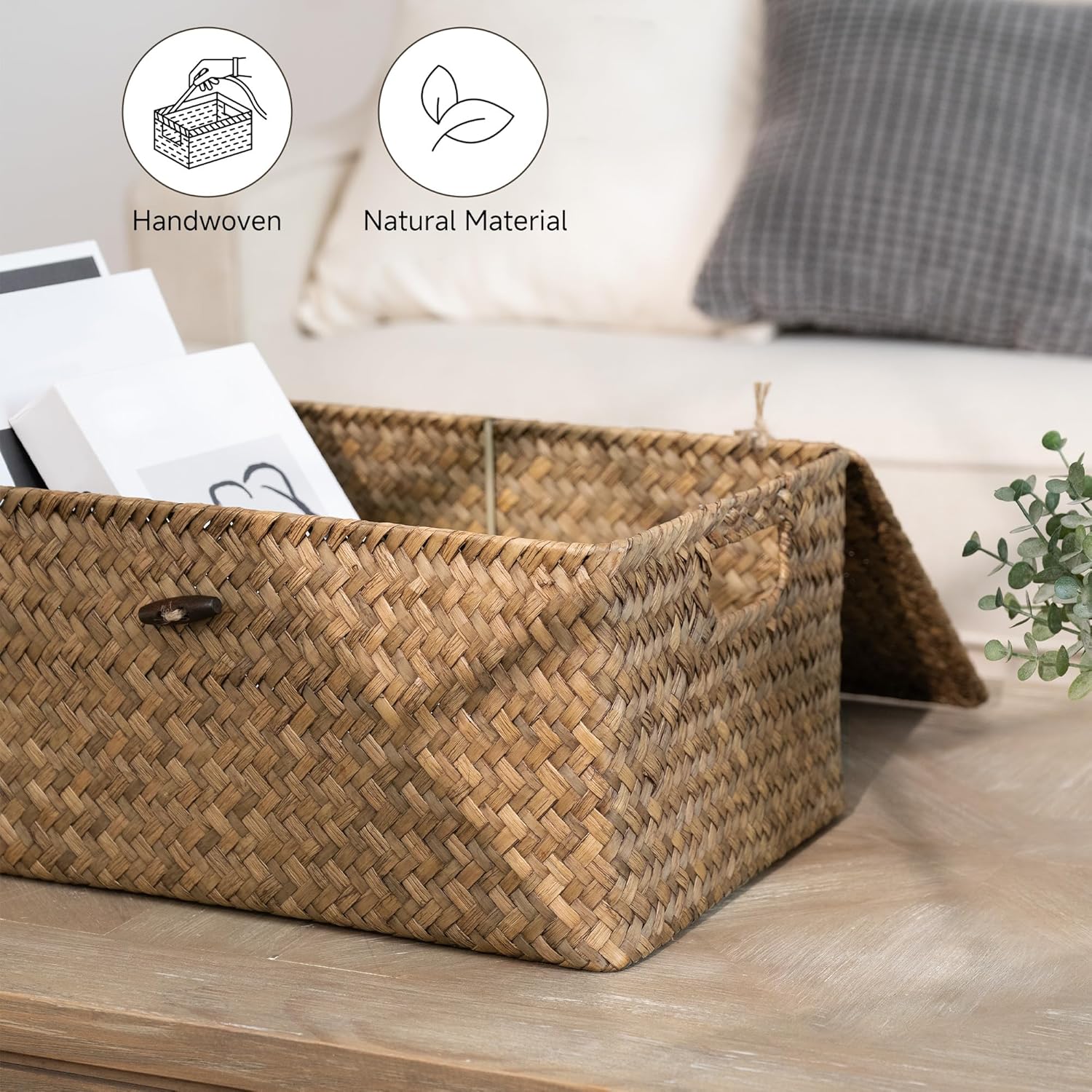 Wicker Baskets / Seagrass Storage Baskets / Brown / 15"L x 11"W x 7"H