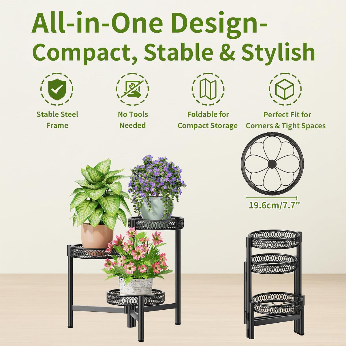3 Tier Metal Plant Stand Indoor Outdoor, Corner Tall Plant Shelf for Multiple Plants, Foldable Heavy Duty Plant Holder