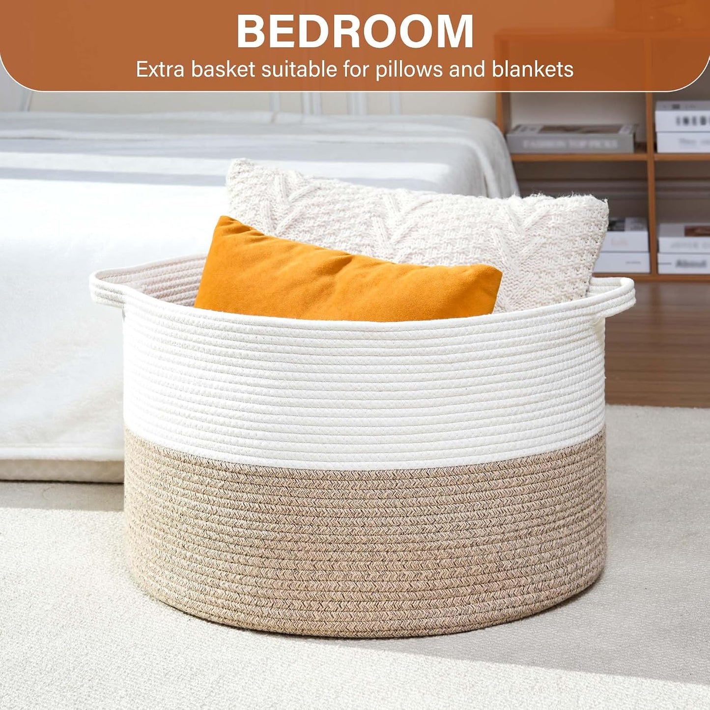 Collapsible Handle Cotton Rope Soft Woven Fabric Storage Organizer Clothes / White & Brown / 65L