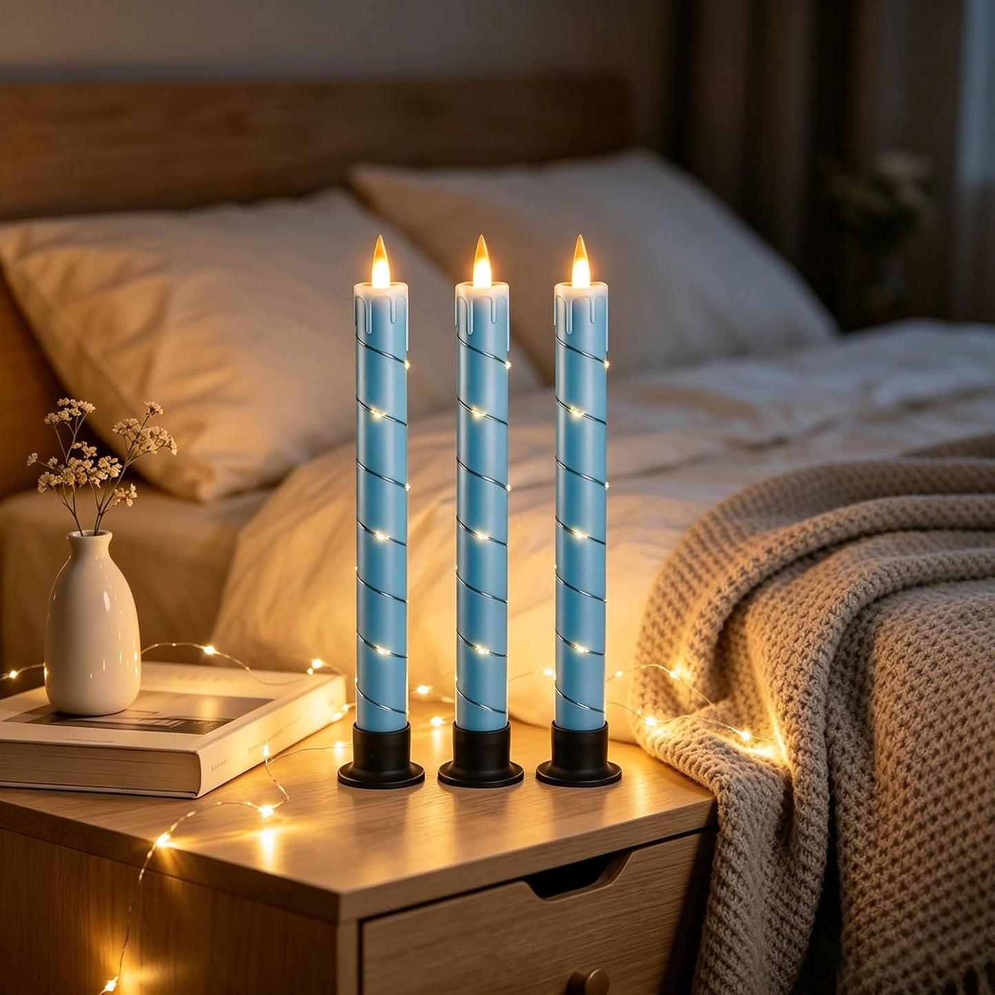 3 Pack Blue Dripping Wax Flameless Candles, Realistic Dynamic Flame LED Taper Candles with Surrounding Fairy String