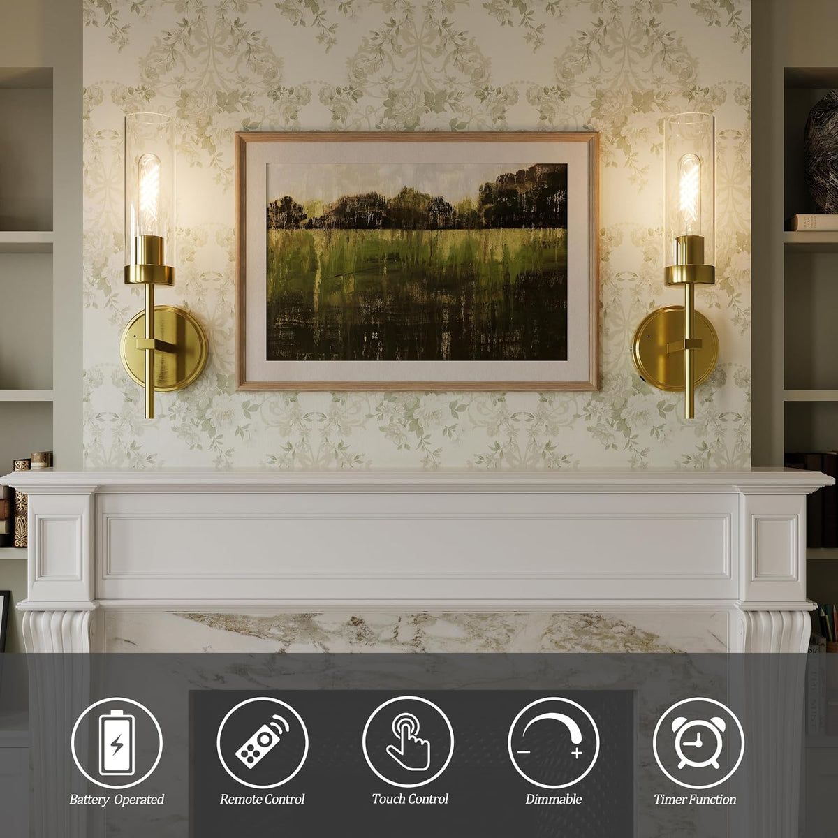 Gold Battery Operated Wall Sconce Set of 2, Wireless Wall Sconces with Remote Control, Rechargeable 3000K Dimmable Wall
