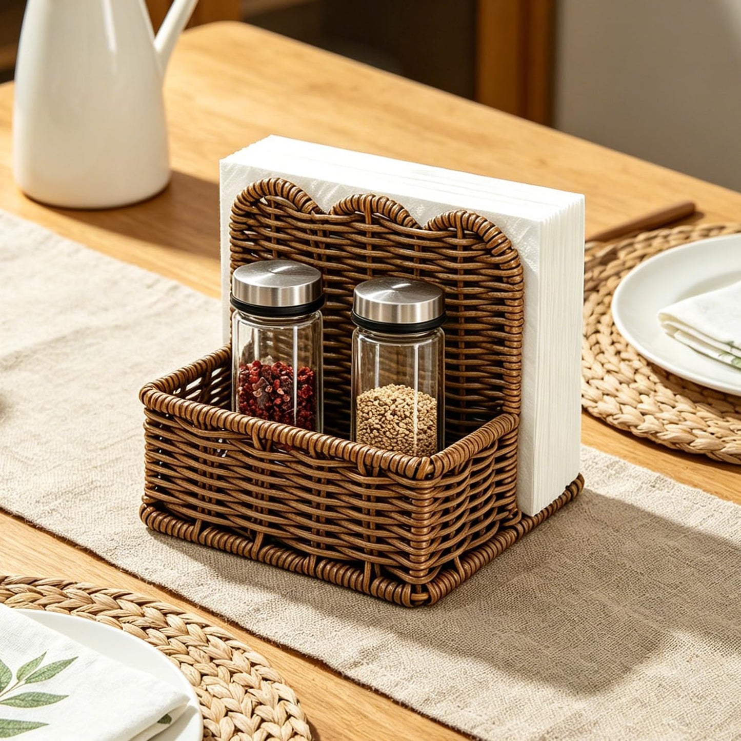 Plastic Rattan Scalloped Perimeter Napkin Holder / Brown