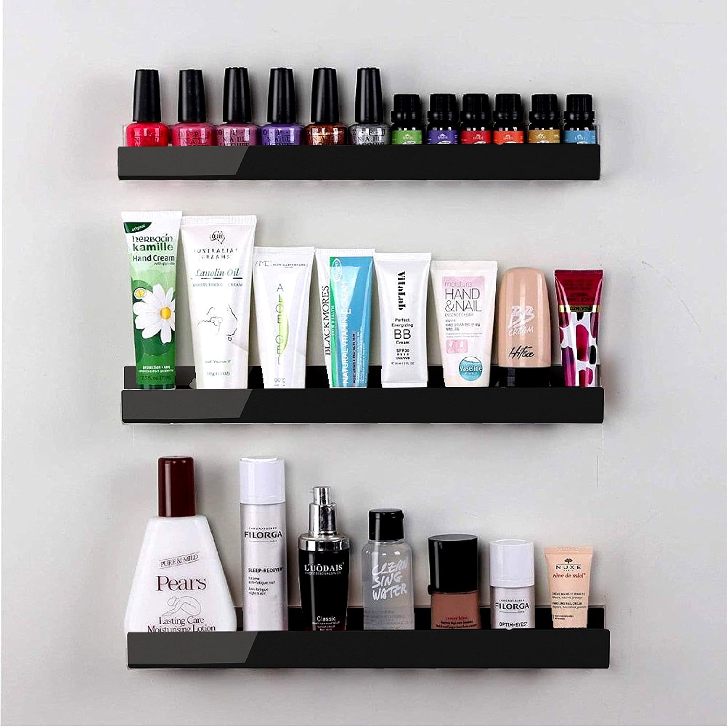4 Pack 15 Inch Black Acrylic Floating Wall Shelves, Kids Bookshelf | Modern Display Shelf for Nail Polish, Sunglasses