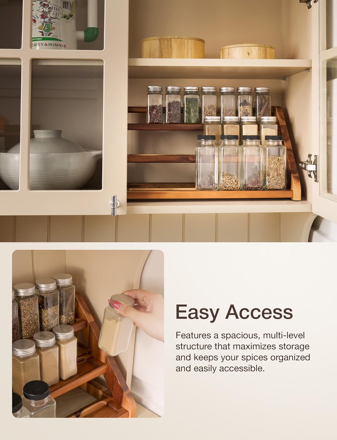 Tinamo Acacia Wood Spice Rack for Countertop, 3-Tier Design, Holds 24 Jars | Solid Acacia Wood, 3-tier Spacious Design