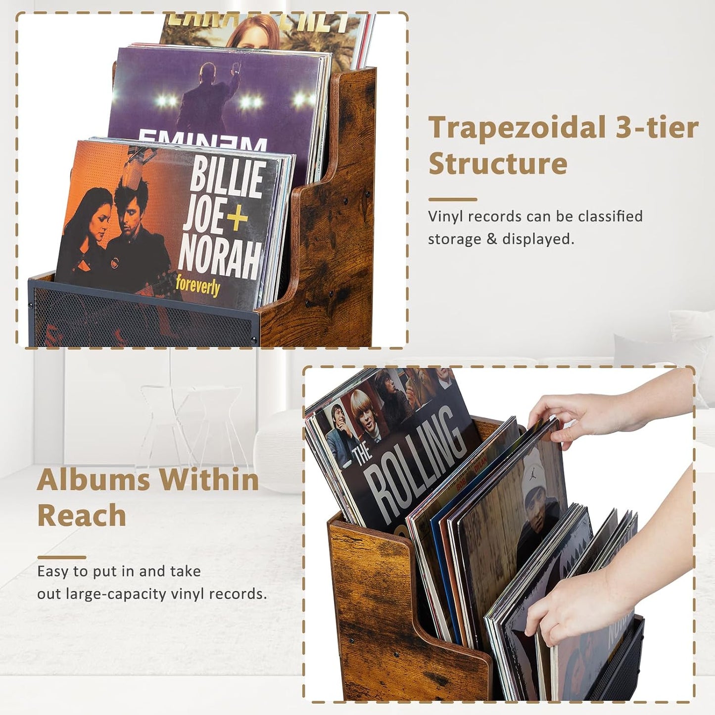 3-Tier Vinyl Record Storage Crate, Holds 60+ LP Albums, Retro Wood & Metal | Stepped Vinyl Record Holder, Desktop Album