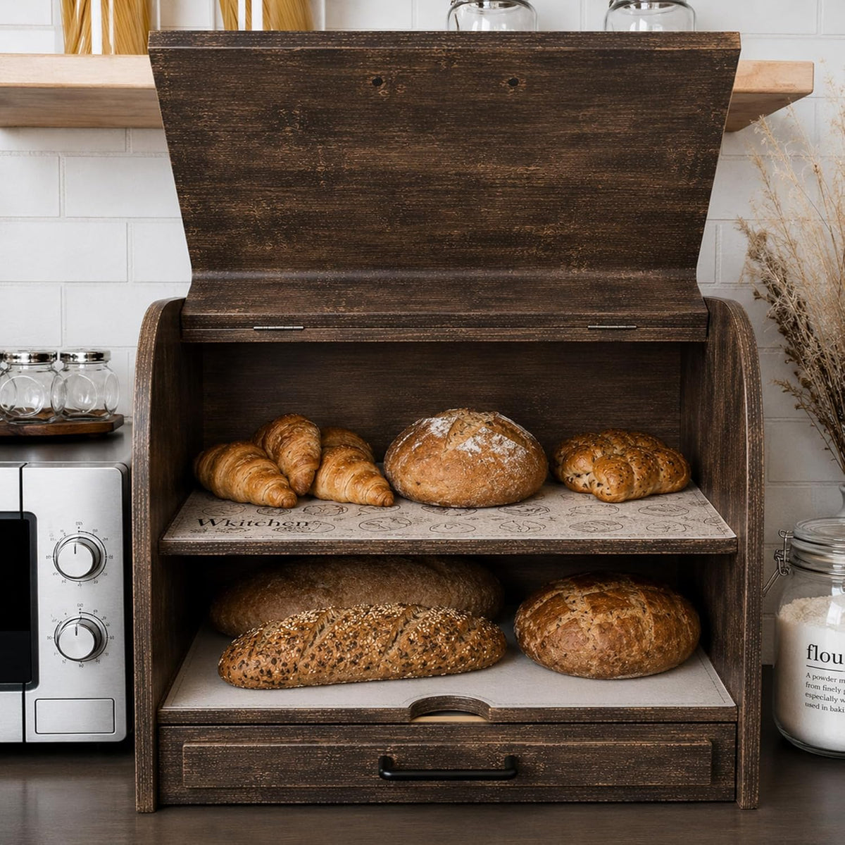 KNIFEPLANET Premium FULLY ASSEMBLED Rustic Bread Box – Extra Large Real Wood Bread Box for Kitchen Countertop Storage