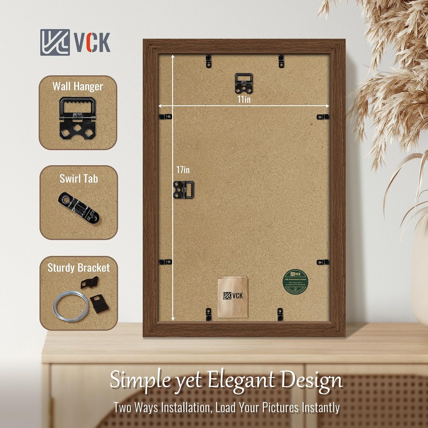 VCK 11x17 Picture Frame Brown 4 Pack, Wide Thick Wood Border, for Print | Exclusive Woodgrain, Wall Hanging, HD