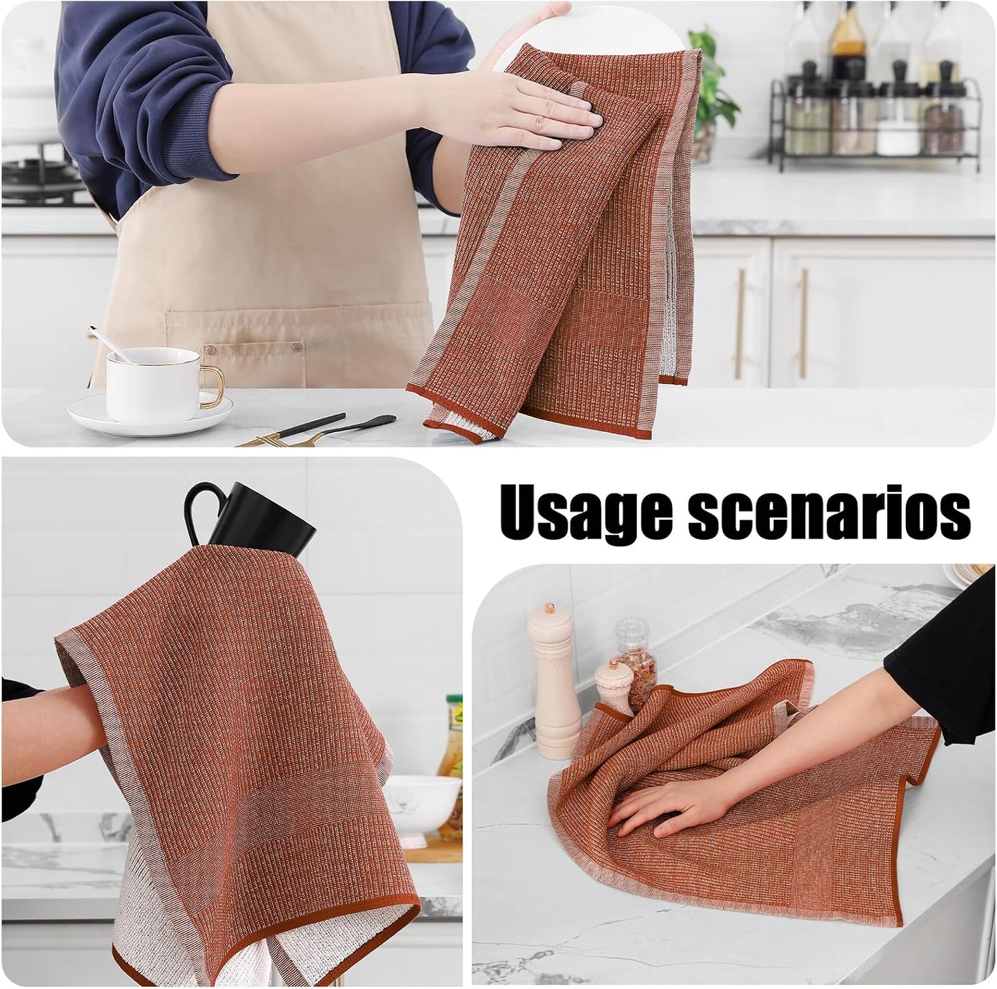 Homaxy 380 GSM Cotton Premium Kitchen Towels 6 Pack, 18"x 28", Rust | Flat and Terry Dish Towels, Highly Absorbent Tea