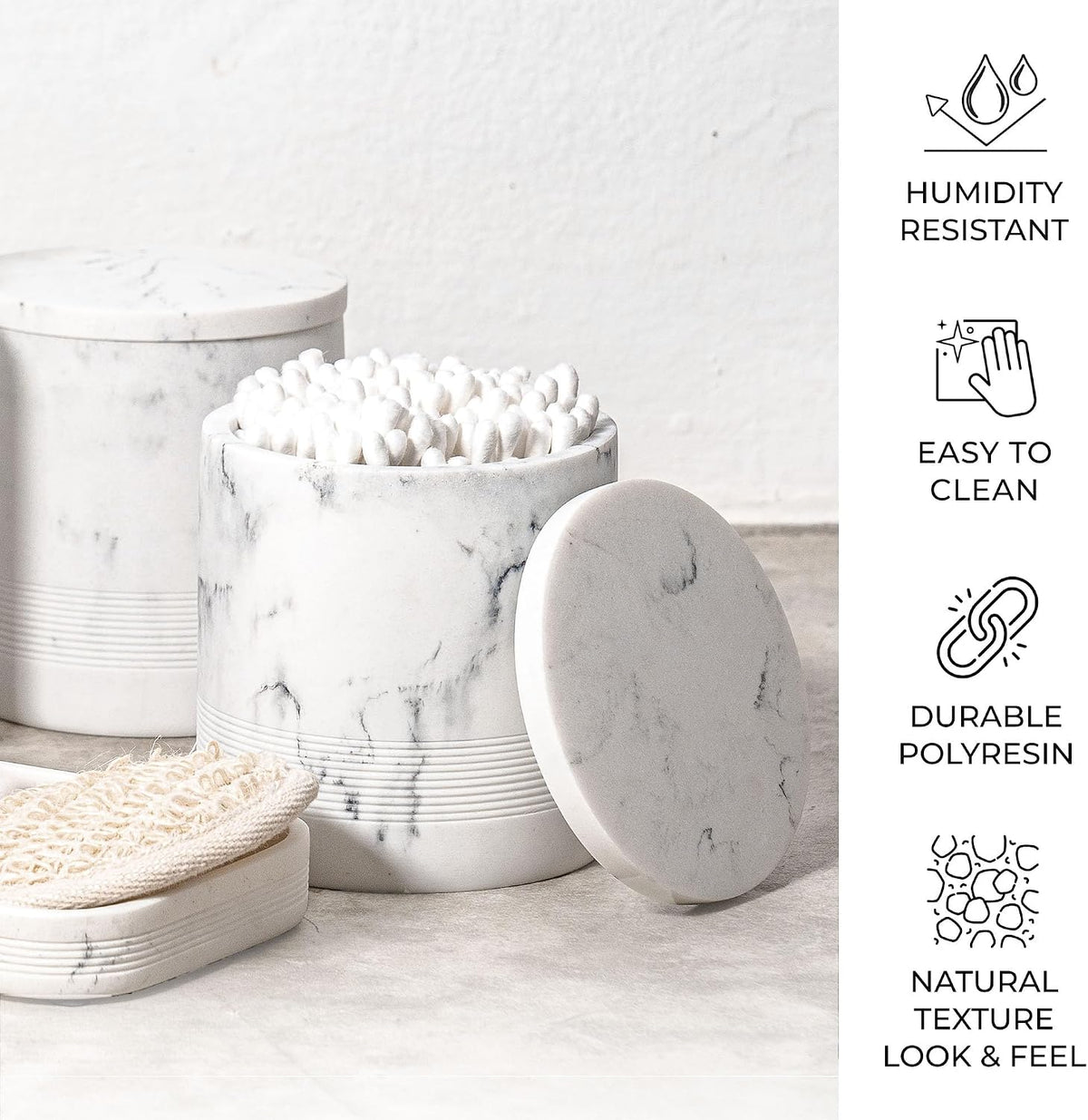 White Marble Bathroom Accessories Set 6 Pieces - Toothbrush Holder, Lotion Dispenser, Qtip Container, Vanity Tray