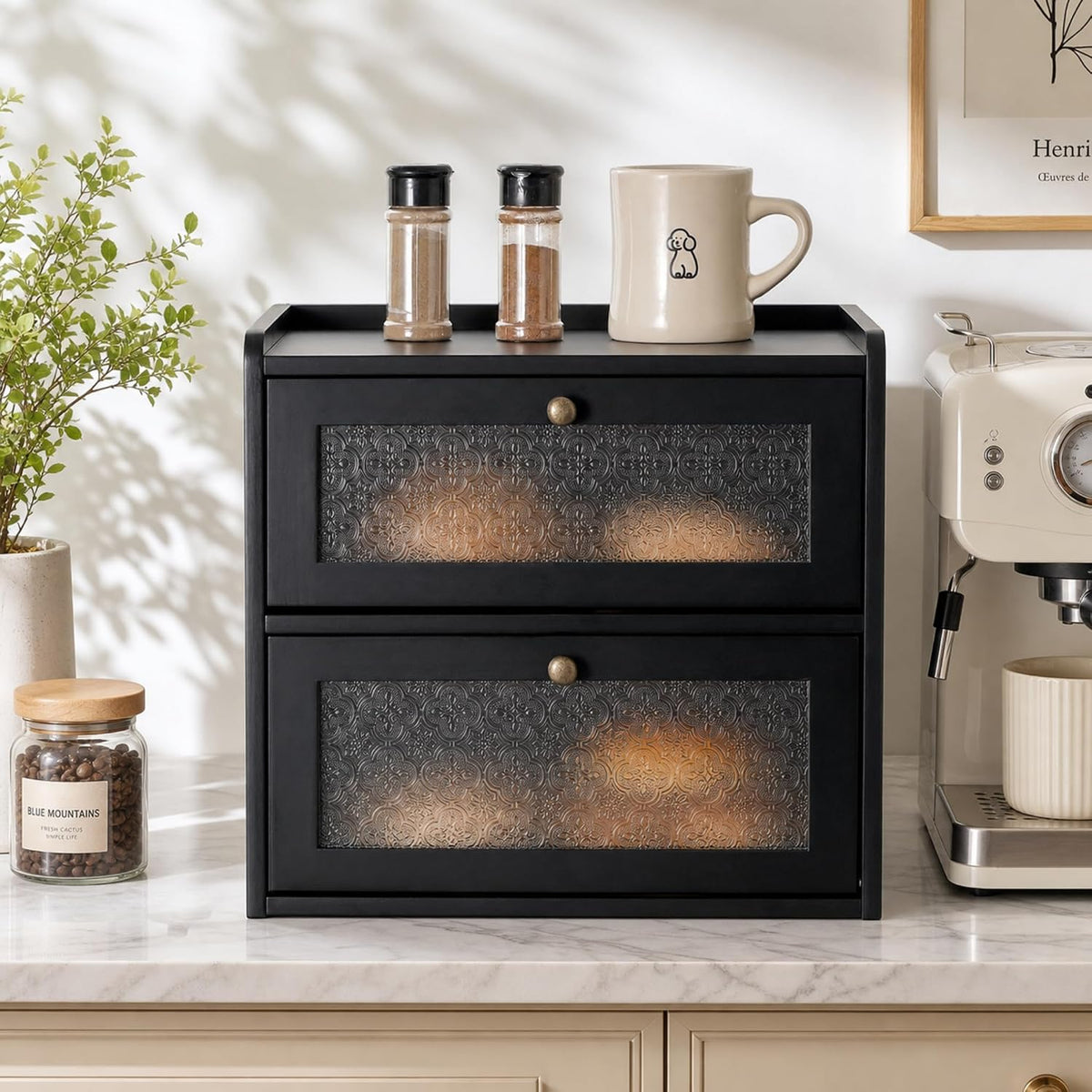 Sunhoo Bread Box for Kitchen Countertop, Large Pine Wood Breadbox, Black | Farmhouse Pantry Container, Double Layer