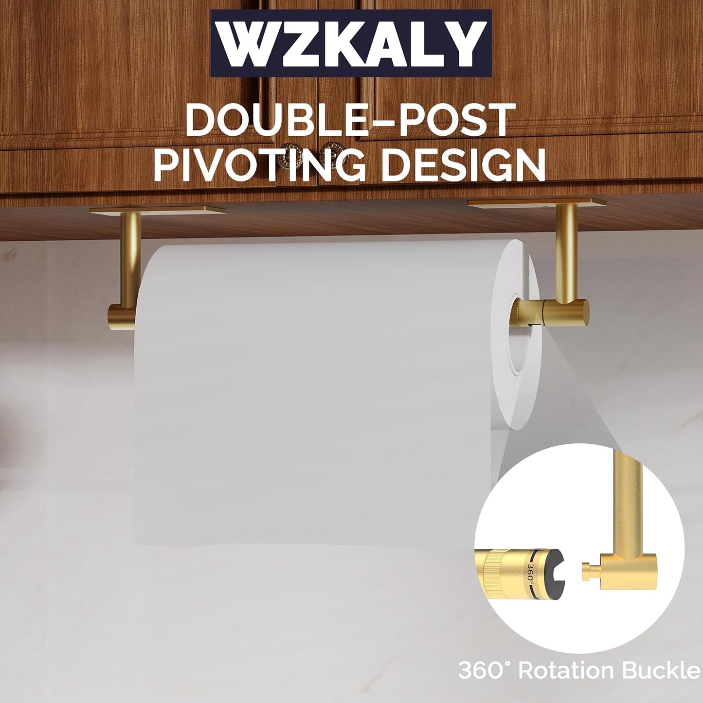 Gold Paper Towel Holder Under Cabinet Self Adhesive or Wall Mount | 304 Stainless Steel Post Pivoting Design No