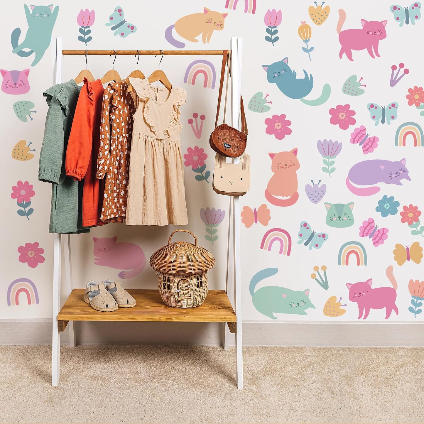 Cat Wall Decals / Colorful Pet Cat Butterfly Rainbow Decal